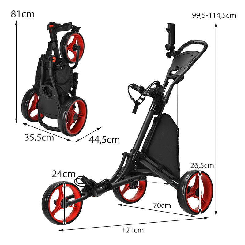 3 Wheels Foldable Golf Push Pull Cart, 4 Adjustable Height Positions Lightweight Golf Push Cart, Aluminum Golf Trolley
