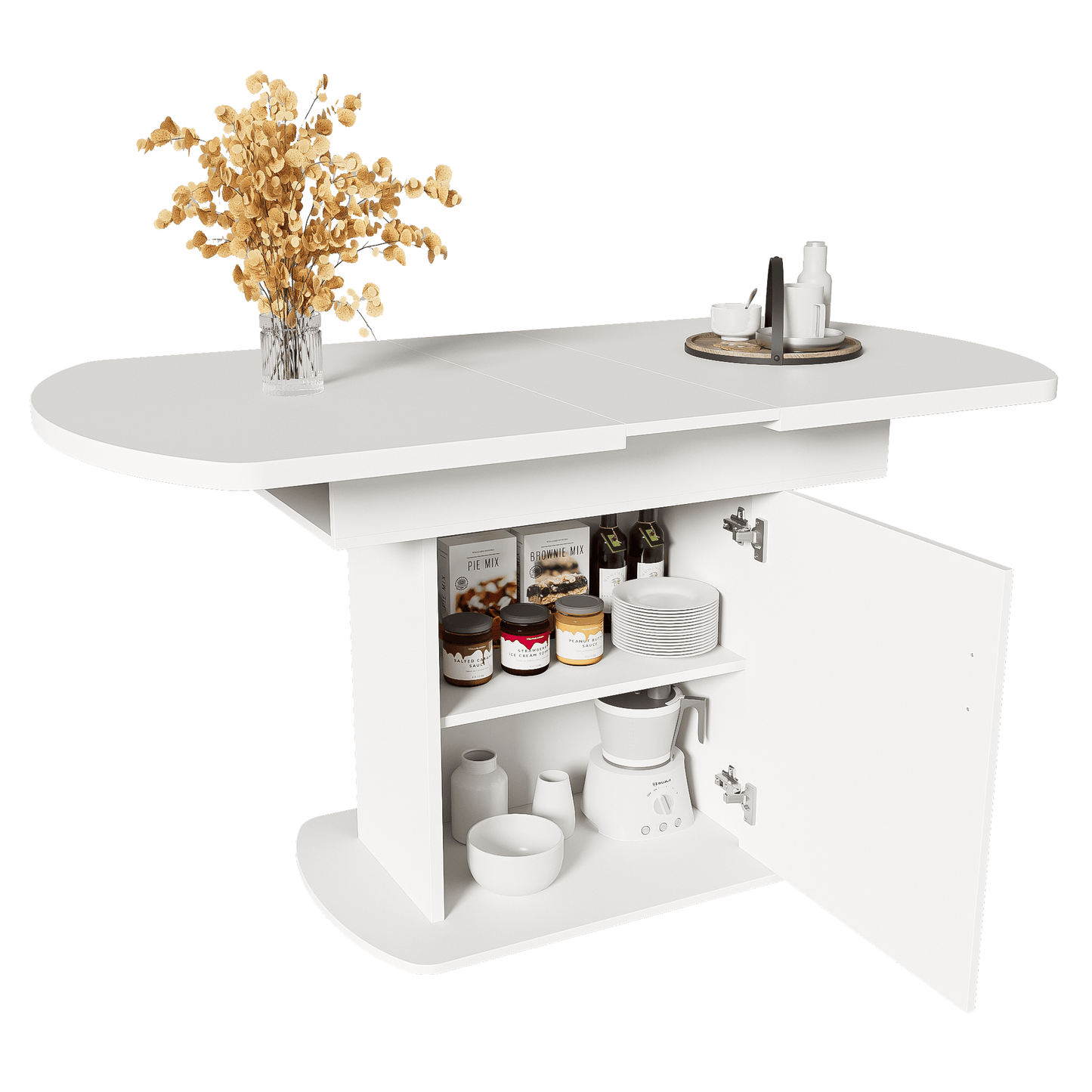 Retractable Oval Dining Table, L110/130*W70*H75Cm, Dining Table with Storage, Coffee-Living Table, Modern Minimalist Dining Table, Space-Saving Multifunctional Dining Table, White+Silvery Handle