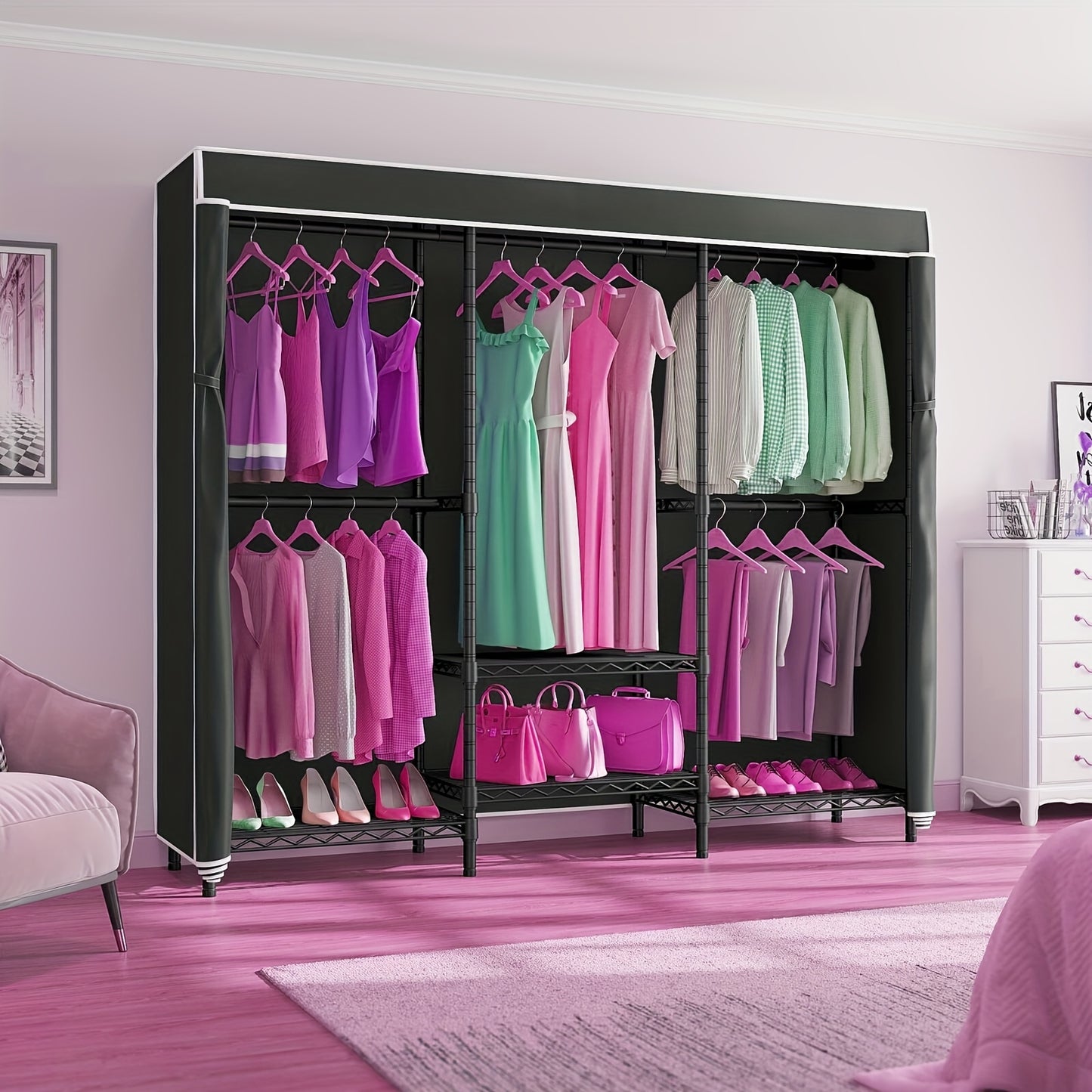 Kledingkast Organizer – Garderobekast – Kledingrek – Kast – Opbergkast – Vrijstaand Carbon Stalen Frame – Afneembare Stoffen Hoes – 4 Planken & 7 Hangzones – 175x180 cm Ruimtebesparend