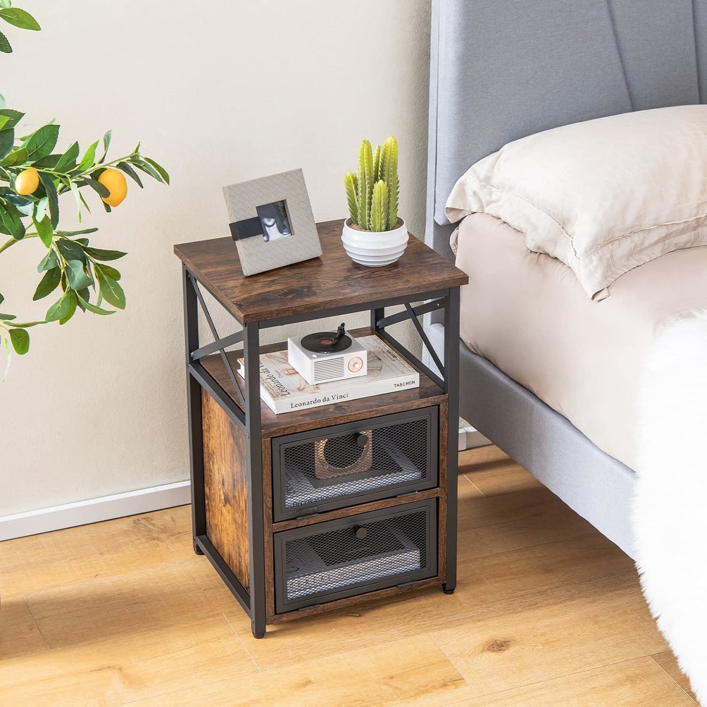 Nachtkastje – Bijzettafel – Sidetable – Bedtafel – Opbergmeubel – Industrieel Design – 2 Lade Flip – 3-Lagen Houten Bovenblad – Metaal Frame – 2 Stuks Set Rustiek Bruin