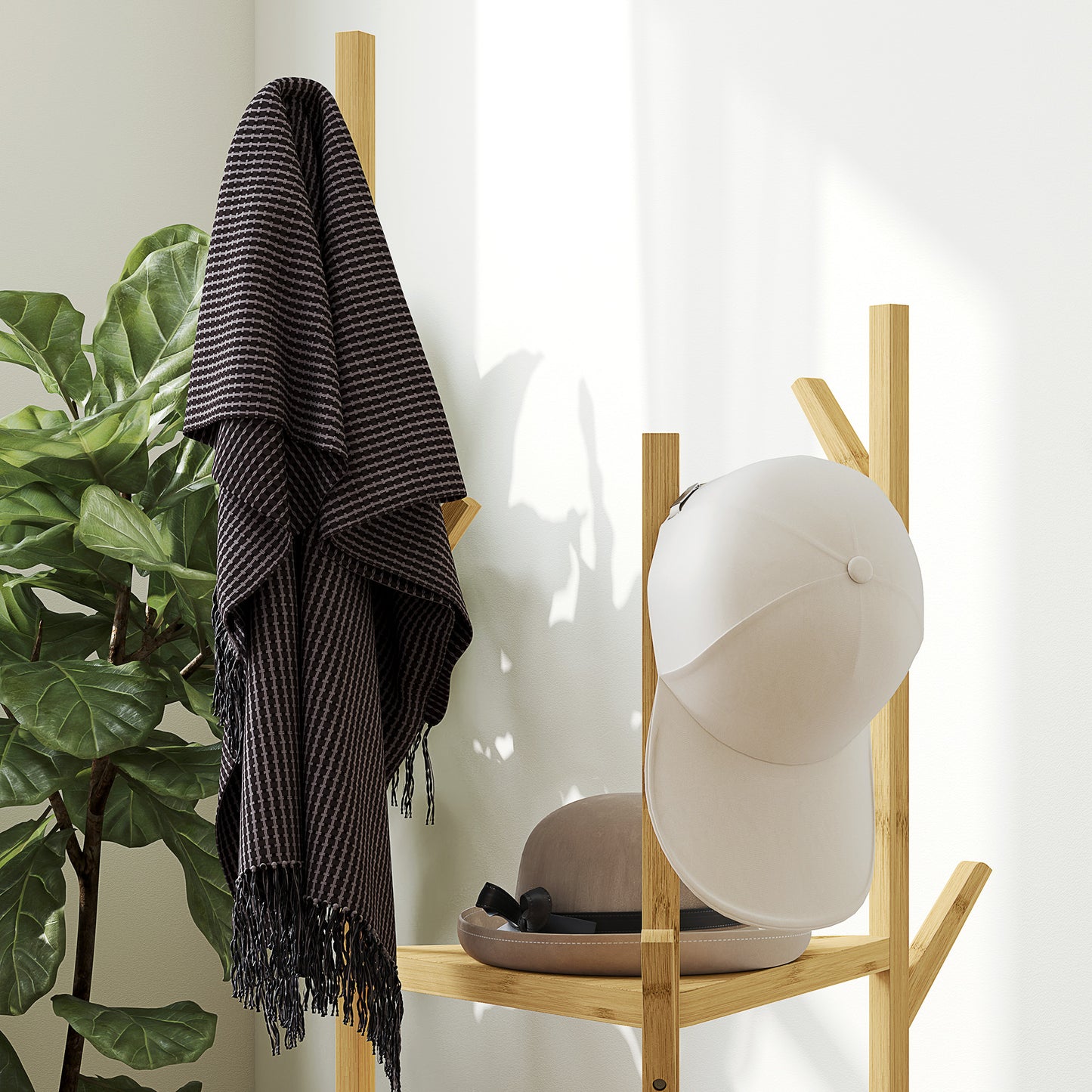 Kledingrek – Kapstok – Garderoberek – Dressboy – Kledinghouder – Natuurlijke Bamboe – 9 Haken & 3 Planken – Stevig & Ruim
