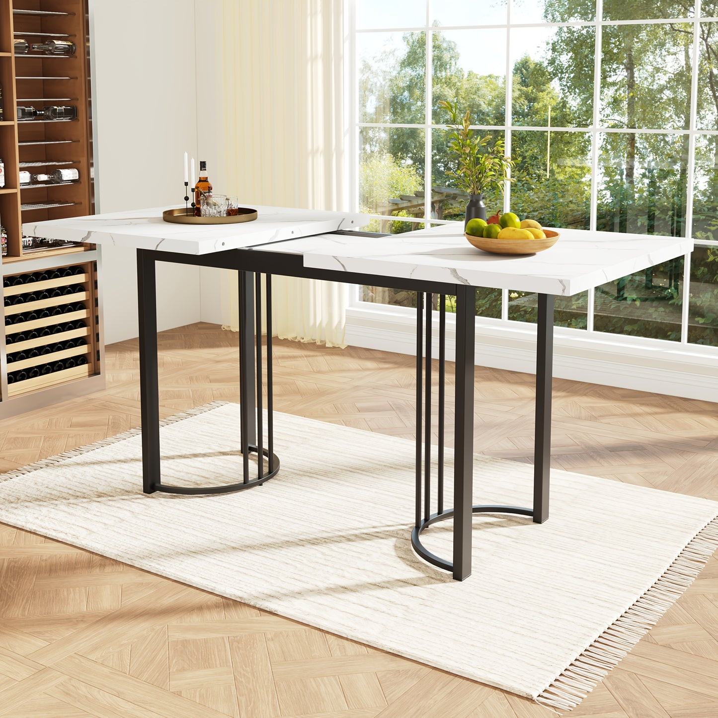 Uitschuifbare Eettafel – Uitklapbare Tafel – Verstelbare Eettafel – Ruimtebesparende Keukentafel – Metaal Houten Tafel – Zwart Wit – Hoogwaardig Hardhout – Stevig Metaal