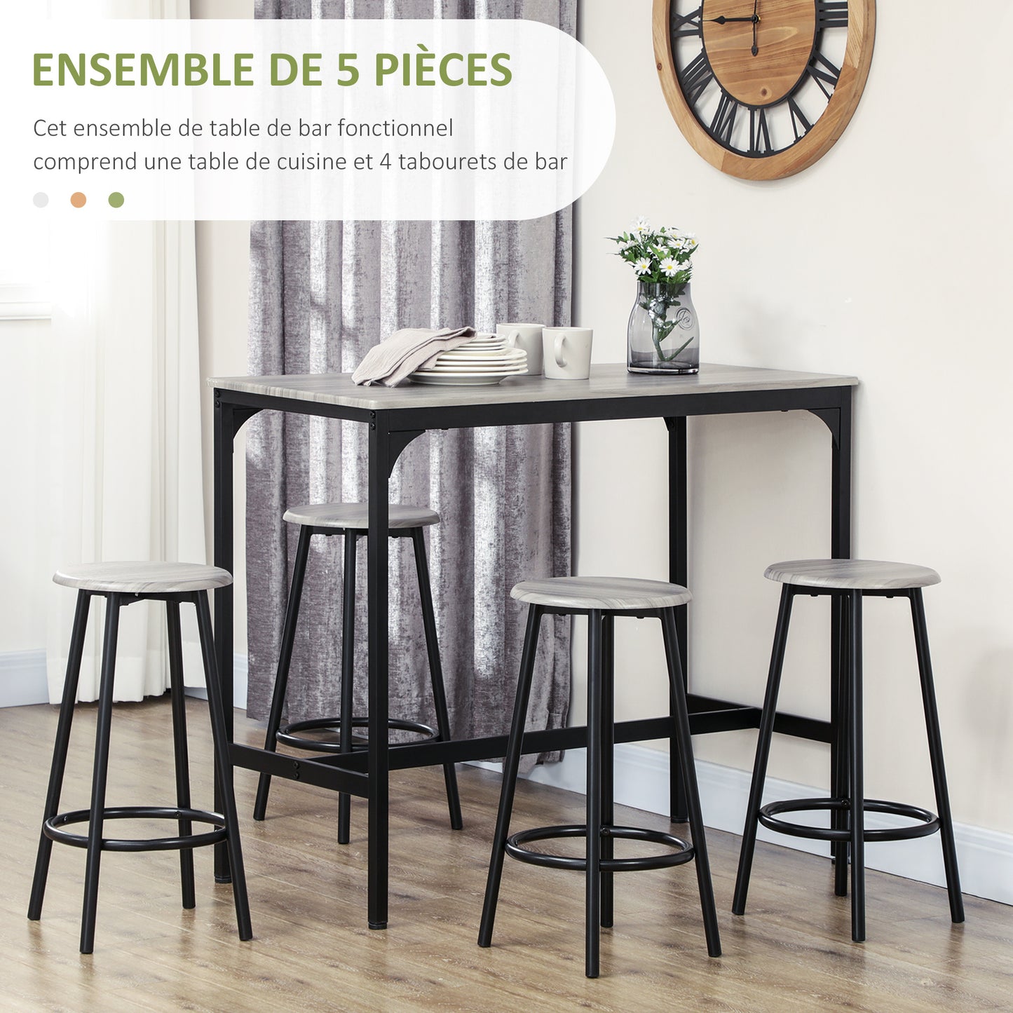 Barset – Bistro Set – Bartafel – Barkrukken – Eettafel – Compact Design – Metaal Frame – Grijs Melamine Tafelblad