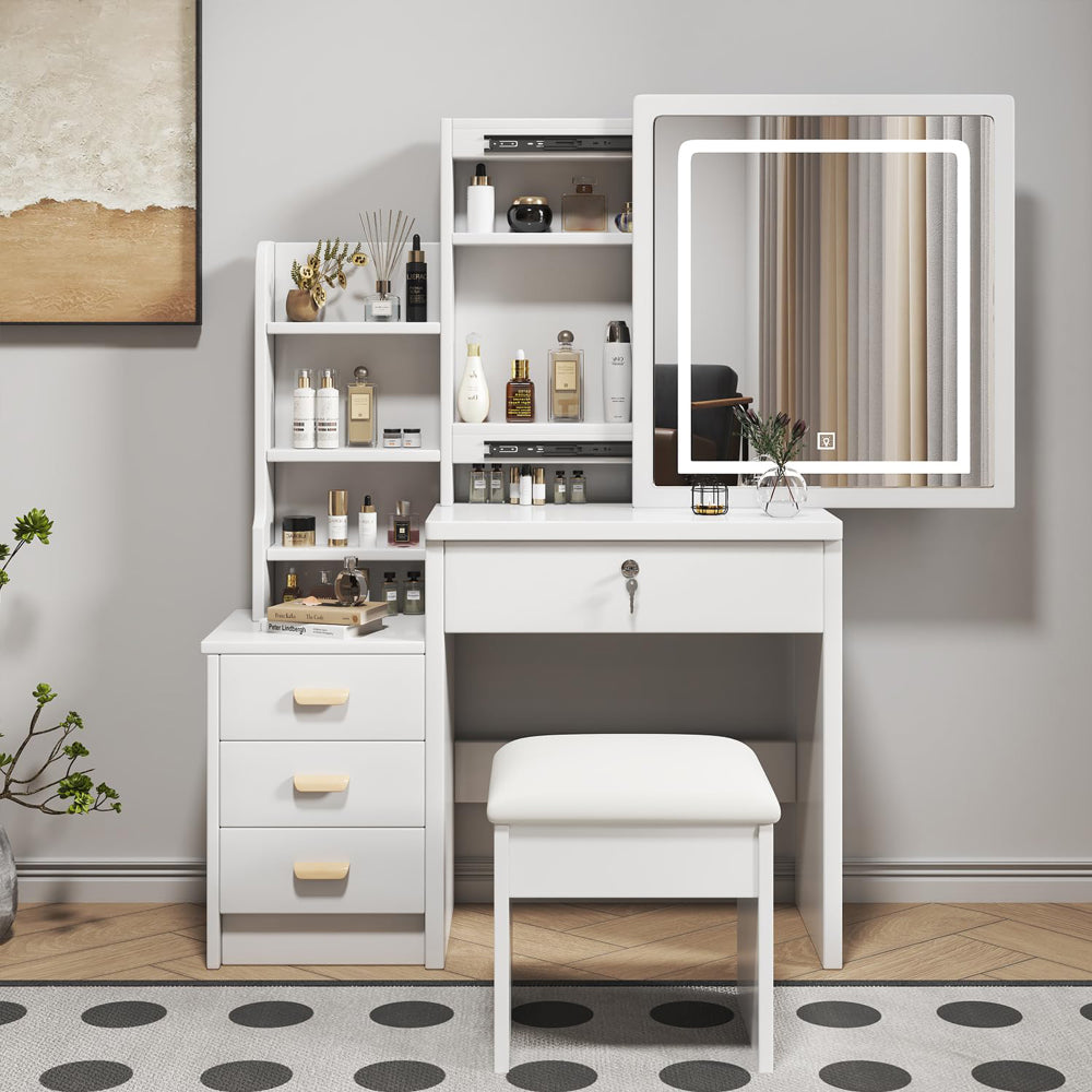 Make-up Tafel – Kaptafel – Schminktafel – Vanity Tafel – Make-up Bureau – Met Spiegel en Zacht Krukje – Metalen Frame – Wit – 85x130x36 cm