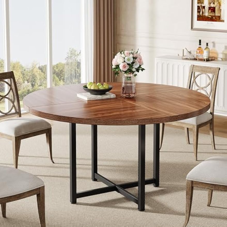 Eettafel – Eetkamertafel – Keukentafel – Ronde tafel – Tafel – Rond 120 cm – Gelamineerd Spaanplaat – Stevige Metalen Kruispoten