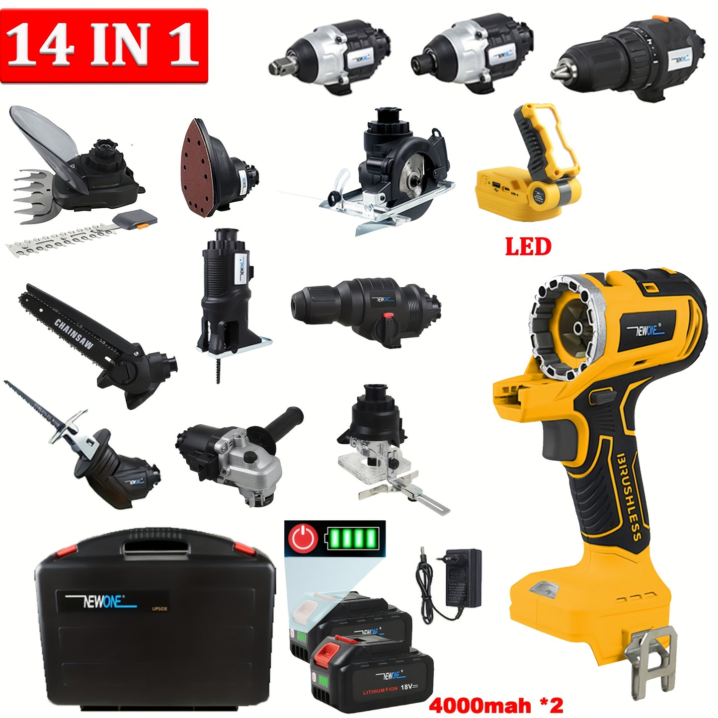 18V Draadloze Multitool – Boormachine – Decoupeerzaag – Cirkelzaag – Kettingzaag – 14-in-1 Combo Set – 2 x 4.0Ah Lithium Batterijen – Borstelloze Motor – Geel