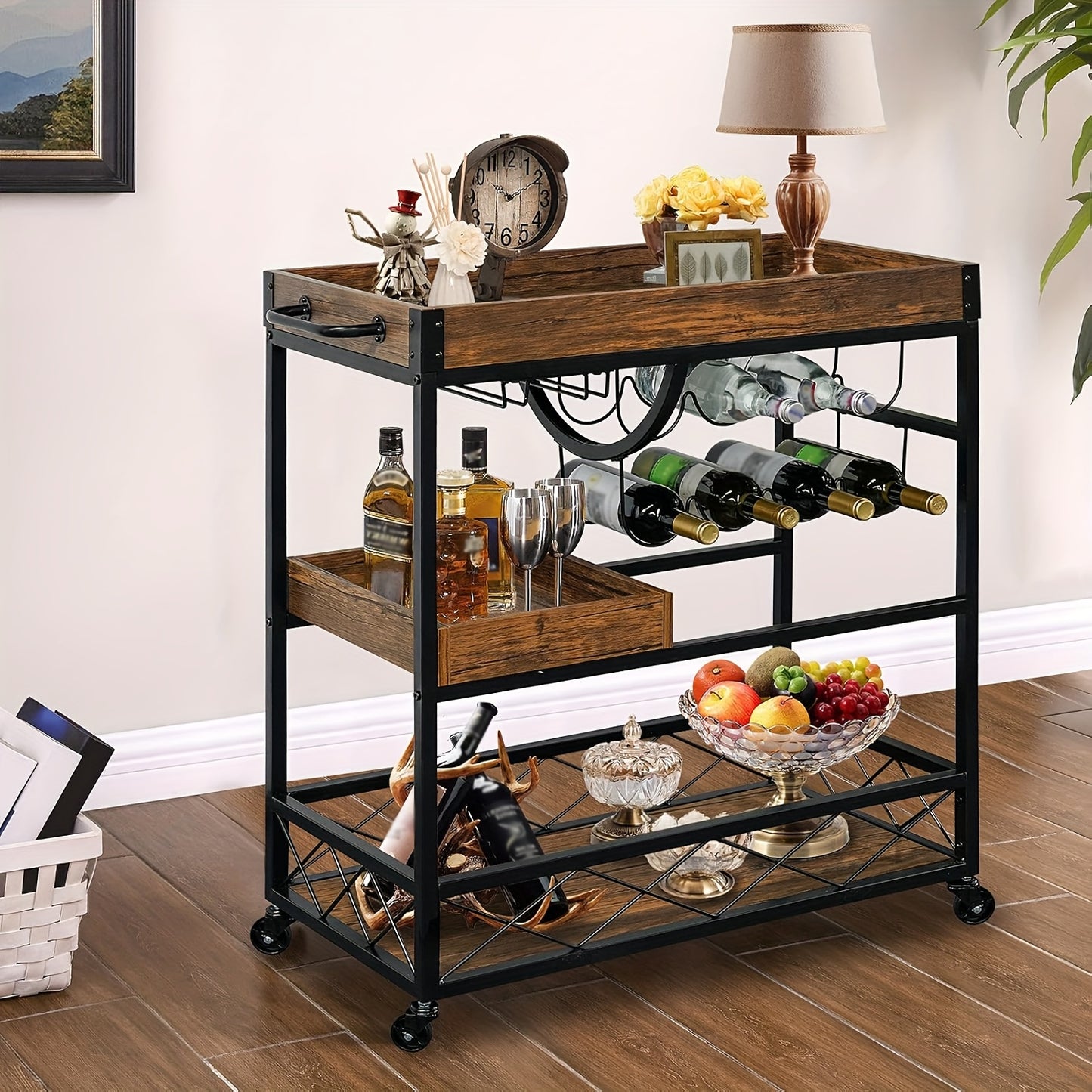 Vintage Industrieel Barwagen – Bar Cart – Serveerwagen – Wijnrek Trolley – Keukenwagen – 85x40x90 cm – Met 8 Wijnrekken en Glashouder – Mobiel Met Wieltjes – Bruin Hout Afwerking