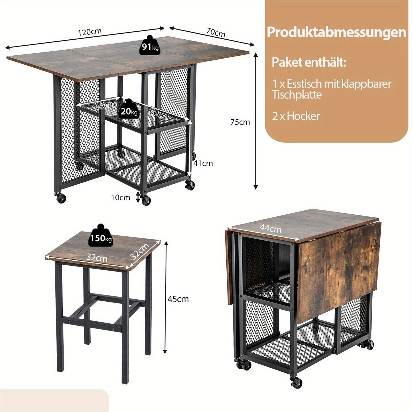 3-delige Opvouwbare Eettafel Set – Uitklapbare Eettafel – Keukentafel – Klaptafel – Stoelenset – Met 2 Krukken – Met Opbergrekken – Vergrendelbare Wielen – Compact Voor Kleine Ruimtes