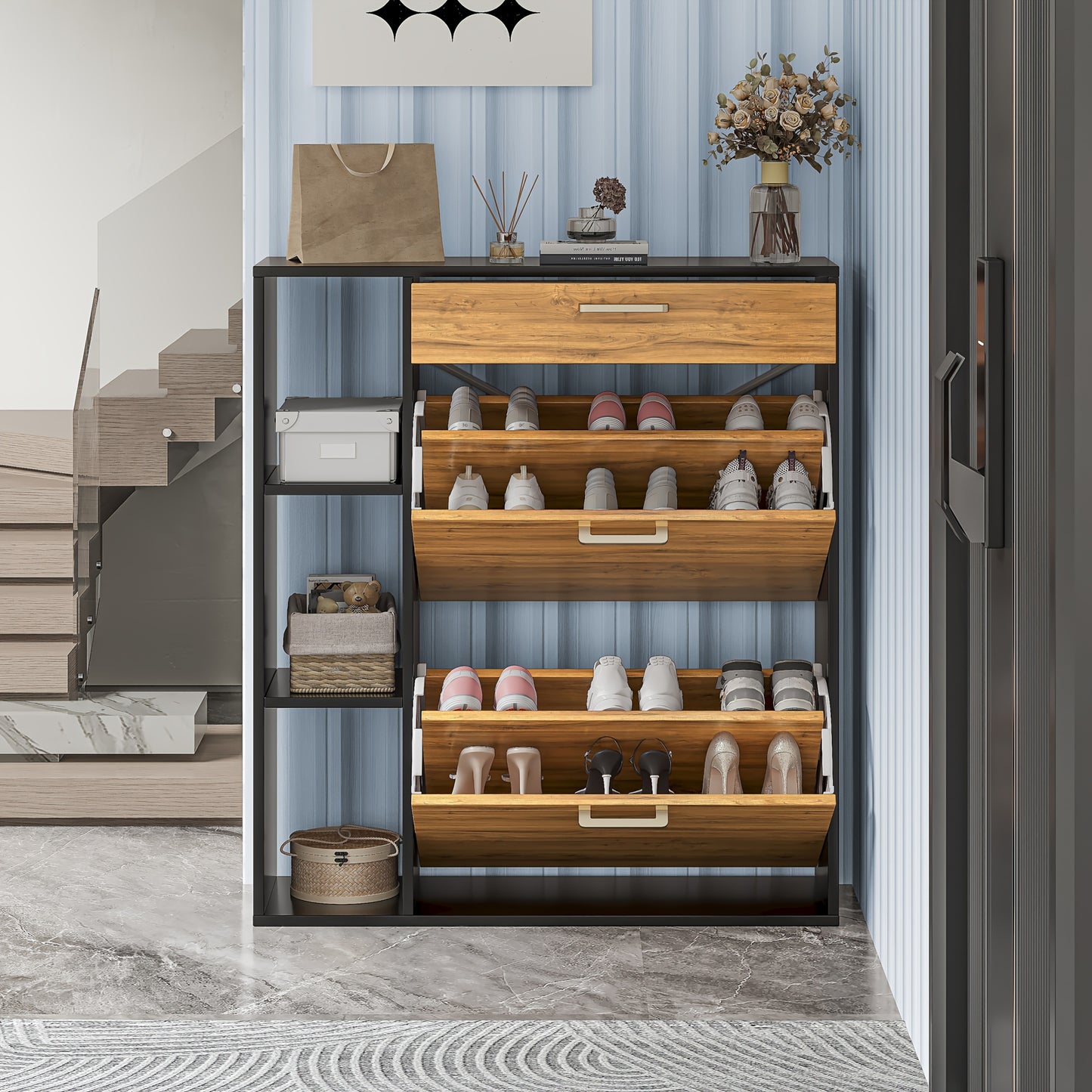 Houten Schoenenkastje – Schoenopberger – Schoenenrek – Schoenentoren – Schoenendisplay – Zwart – 2 Klapladen – Geschikt Voor 12-15 Paar Schoenen