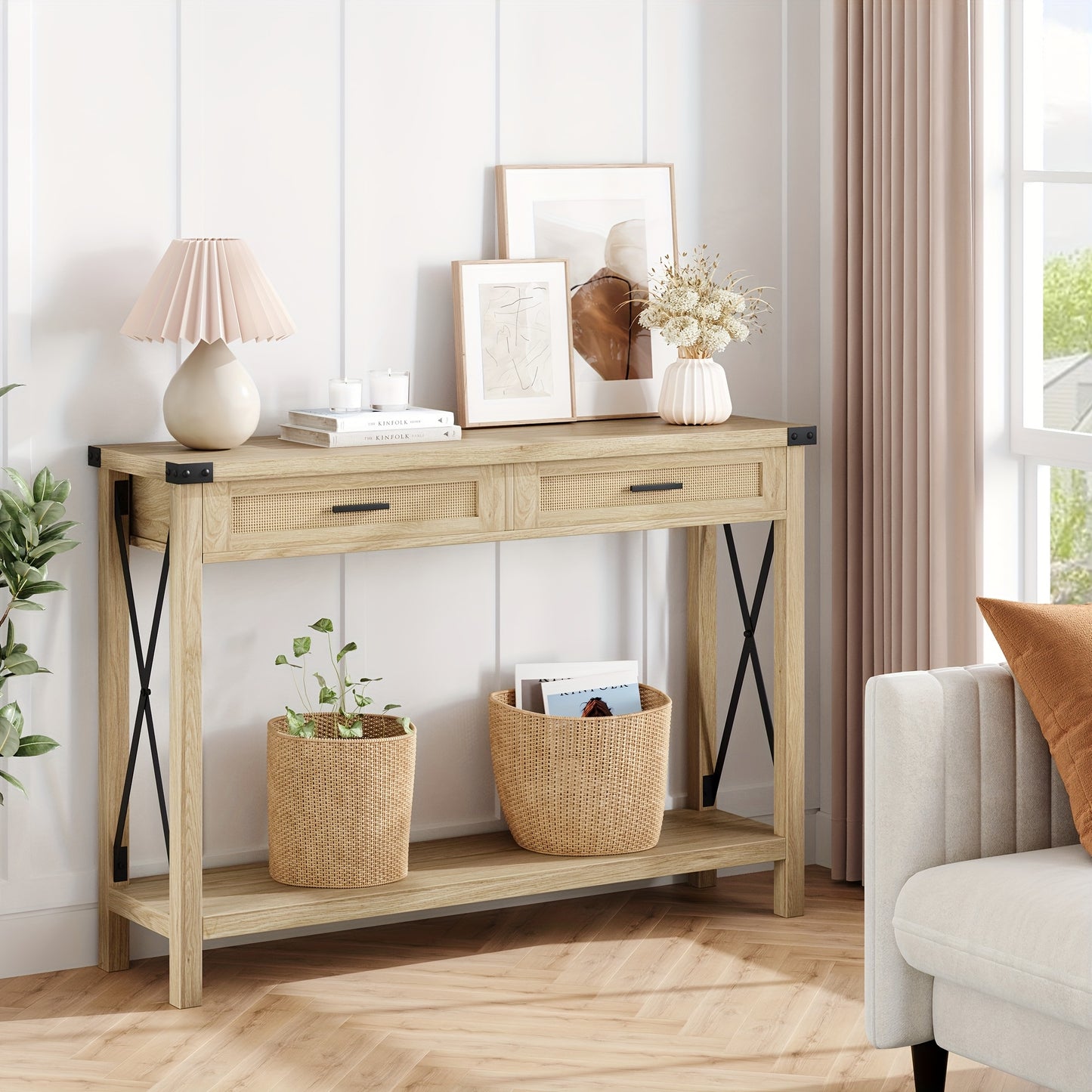 Sidetable – Consoletafel – Haltafel – Wandtafel – Bijzettafel – Smal ontwerp 118x78x37 cm – Hardhout en rattan