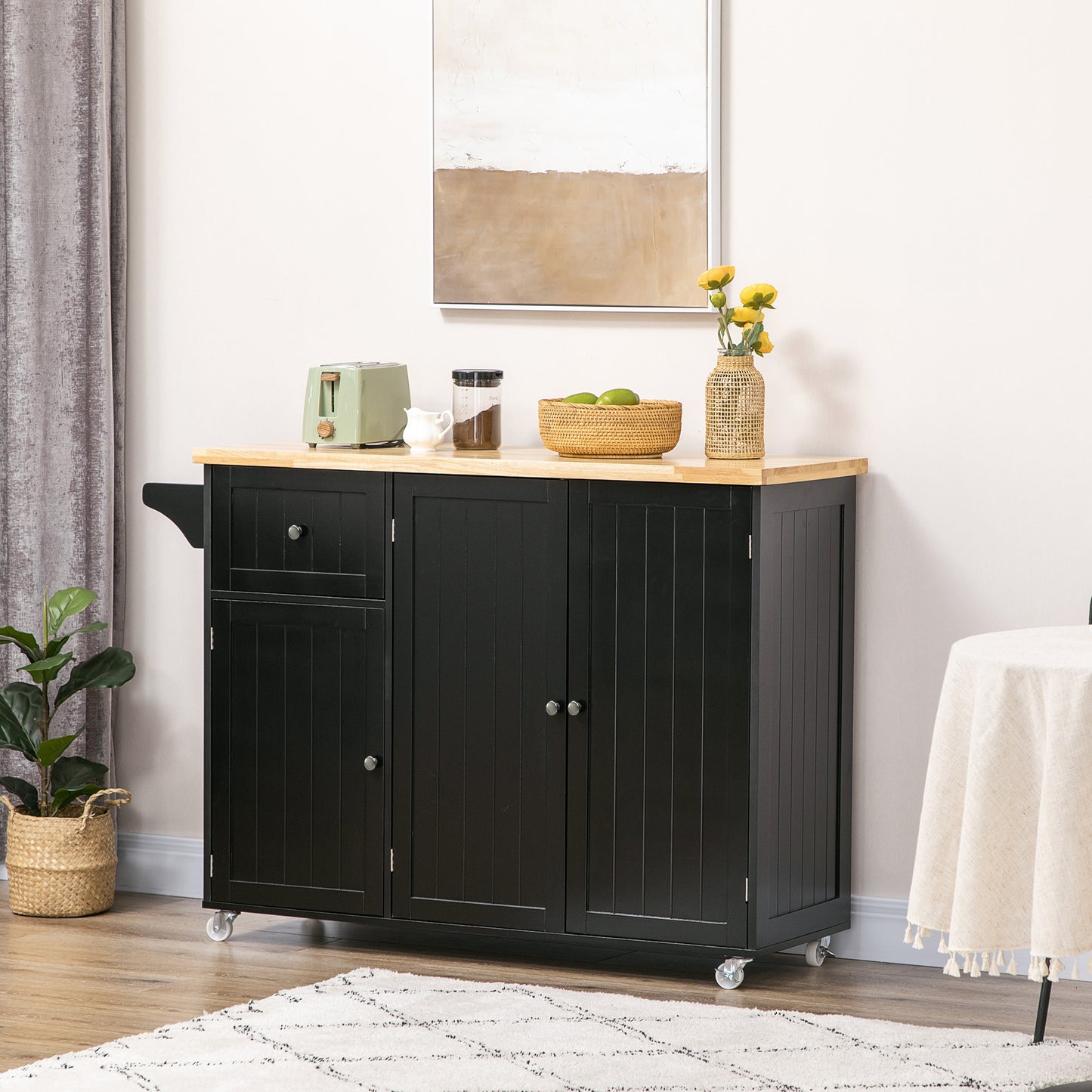 Keukenwagen – Keukentrolley – Keukenkast – Serveerwagen – Keukeneiland – Zwart Heveahout – Met Handdoekhouder & Veel Opbergruimte – 135x45x94,5 cm