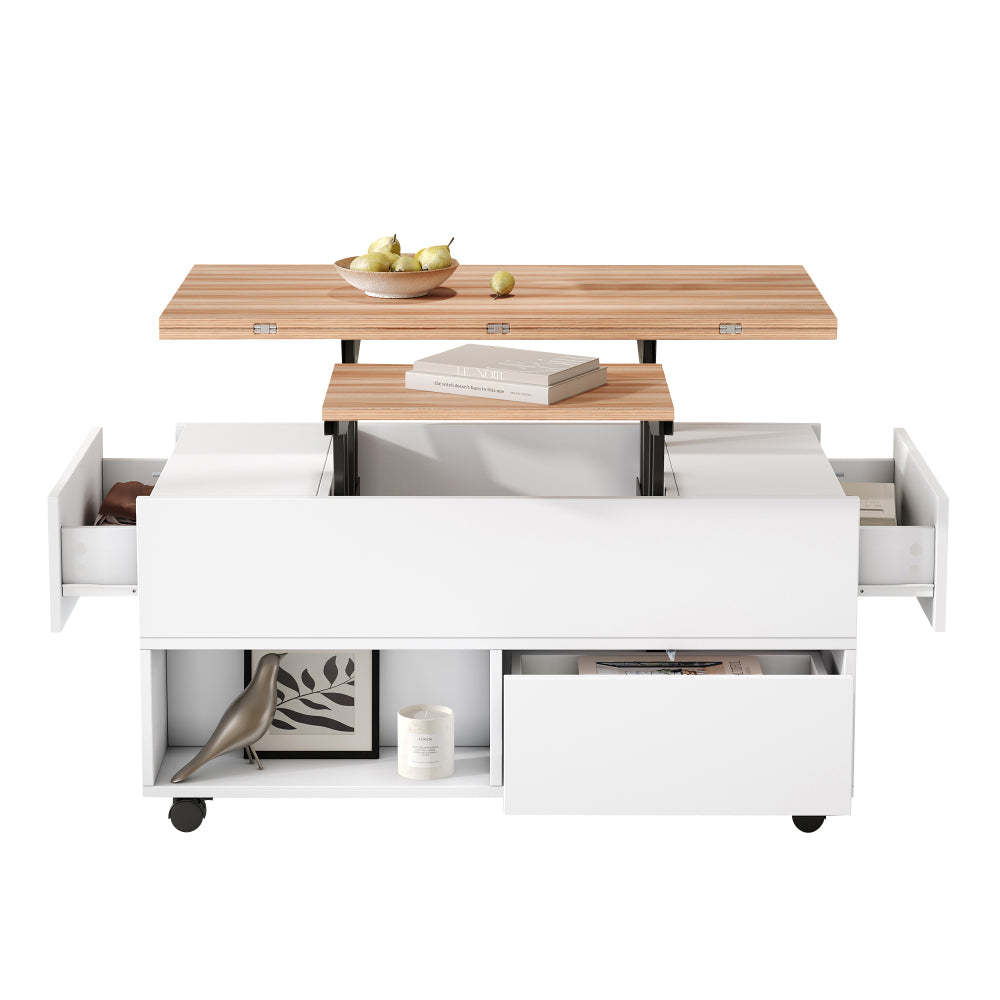 Salontafel – Koffietafel – Tafel – Bijzettafel – Woonkamertafel – Wit Zwart – Verstelbaar Blad Met Wieltjes – Metalen Frame – 4 Laden & Extra Opbergruimte – 100x50x52 cm
