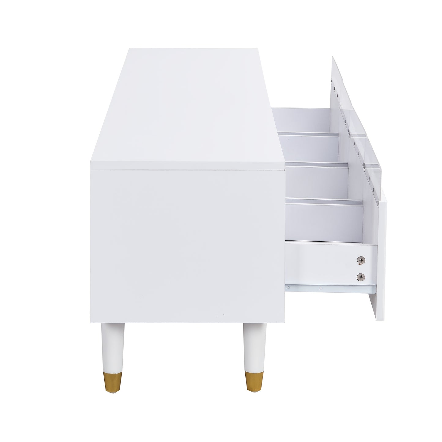 Modern White TV Stand 70-inch Wide (178cm) - Large Media Console with 4-Drawer Storage, MDF & Acrylic, Minimalist Modern Design, Golden-Tone Legs, Heavy-Duty Sturdy Furniture for Large TVs & Living Room Entertainment Center,