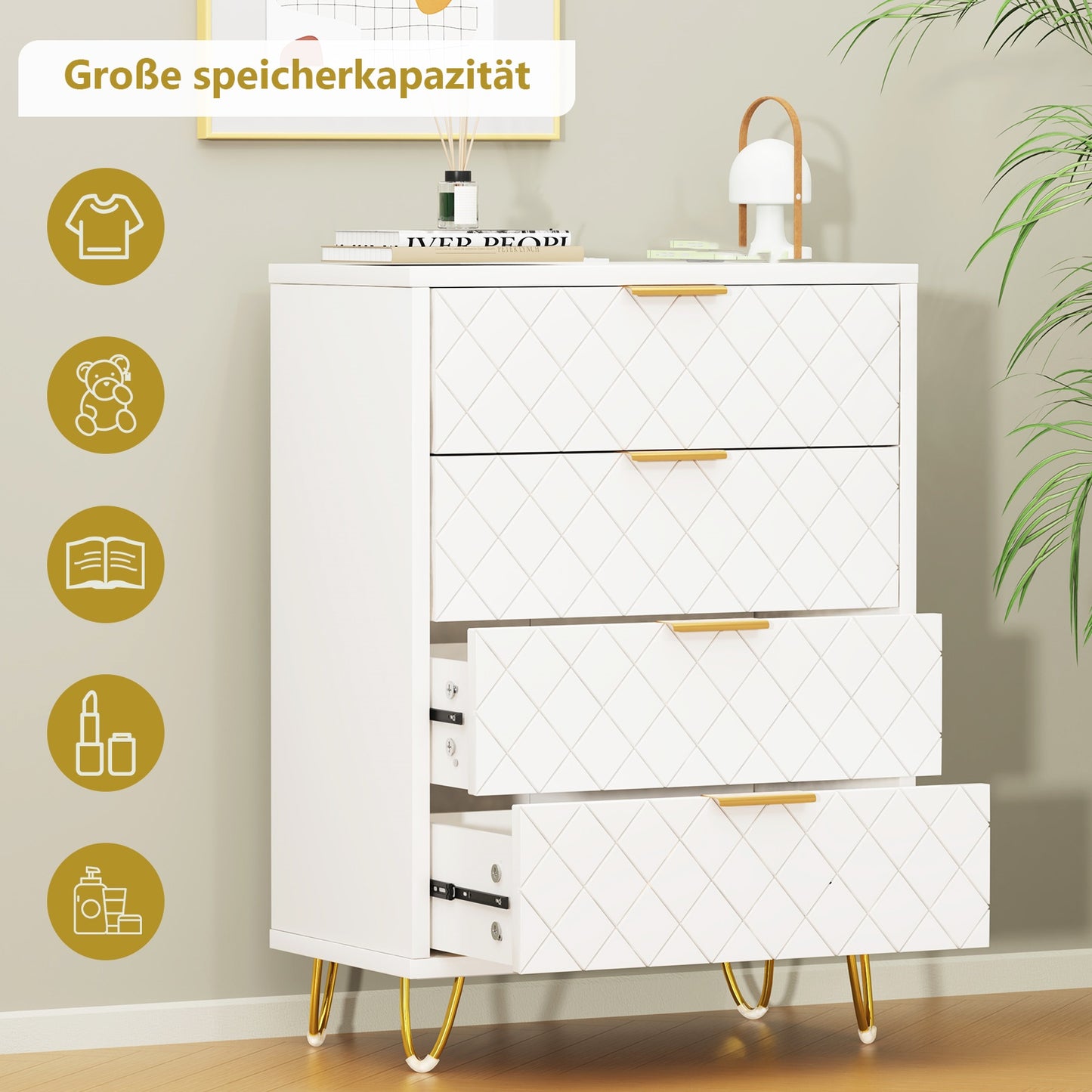 Nachtkastje – Bedkastje – Ladekast – Bijzetkast – Opbergkast – Vier Vakken – Compact 60x34x91,5 cm – Modern Europees Design – Eenvoudig Te Monteren