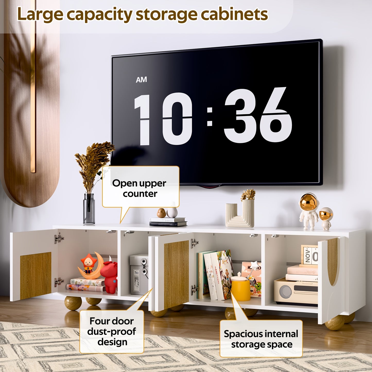 Tv-meubel – TV-kast – TV-standaard – Media Console – Woonkamermeubel – Retro Boogvorm – Bolle Poten – Duurzaam Bamboe – Geen Montage
