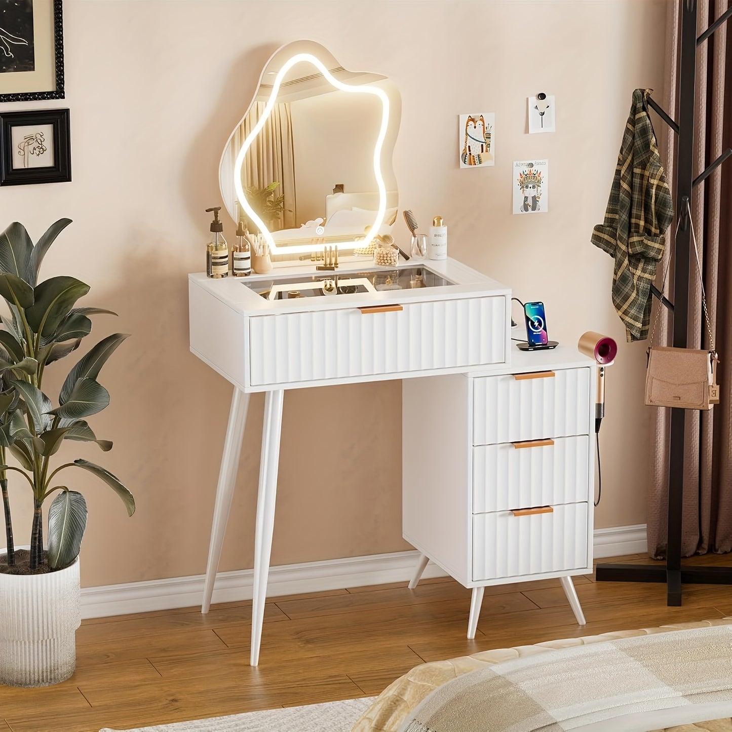 Kaptafel – Make-up Tafel – Opmaaktafel – Cosmeticatafel – Witte Kaptafel – Glazen Blad – 4 Lades – 80x40x128 cm