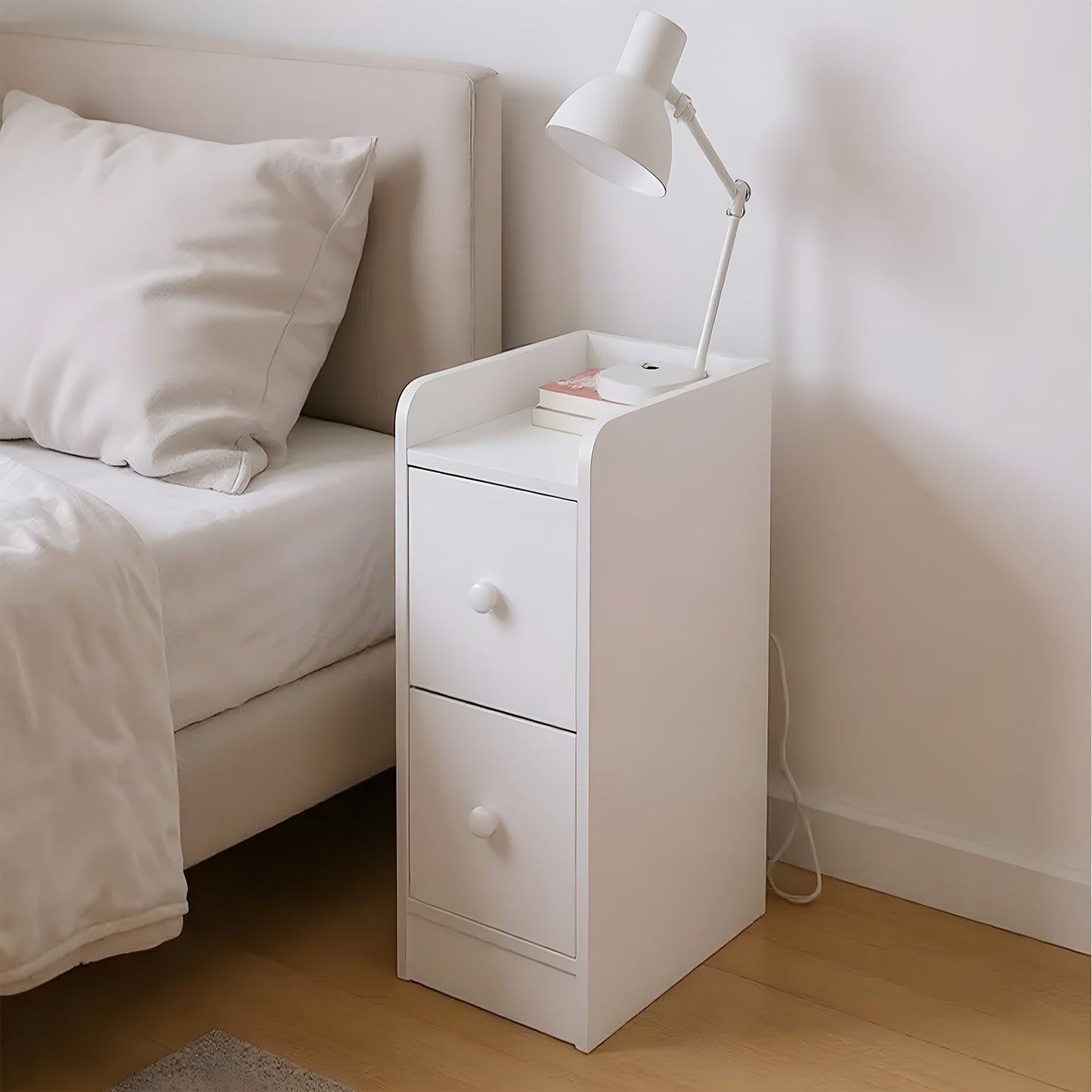 Nachtkastje – Bedside Table – Bijzettafel – Opbertkastje – Smal Kastje – Wit – Ruimtebesparend – 2 Laden Met Soepele Glijders