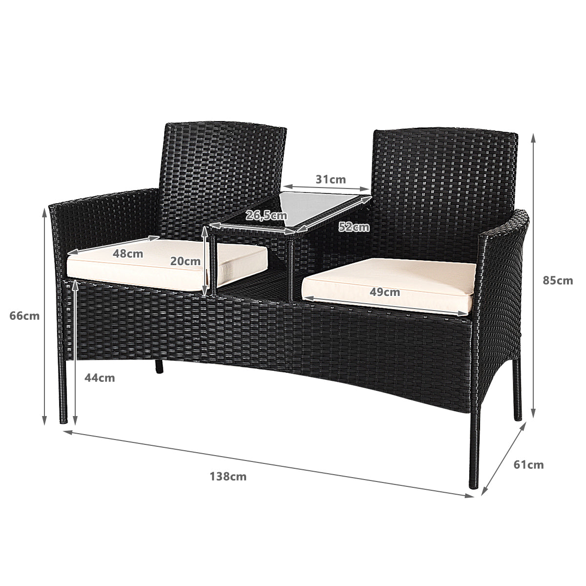 Tuinbank – 2-Persoons Bank – Balkonbank – Buitenbank – Rattan Bank – Inclusief Kussens – Weerbestendig PE-Rattan – Met Ingebouwde Tafel – Wit – 138x61x85 cm