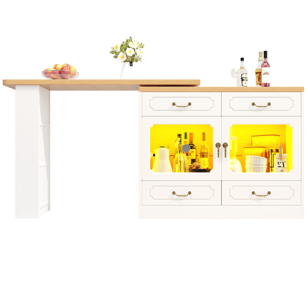 Uitschuifbare Bartafel – Barmeubel – Hoogtafel – Drinktafel – Bistrotafel – 360° Draaibaar Blad – Ruime Opbergruimte – Modern Wit Metaal & Glas – Compact & Verstelbaar 135-203 cm