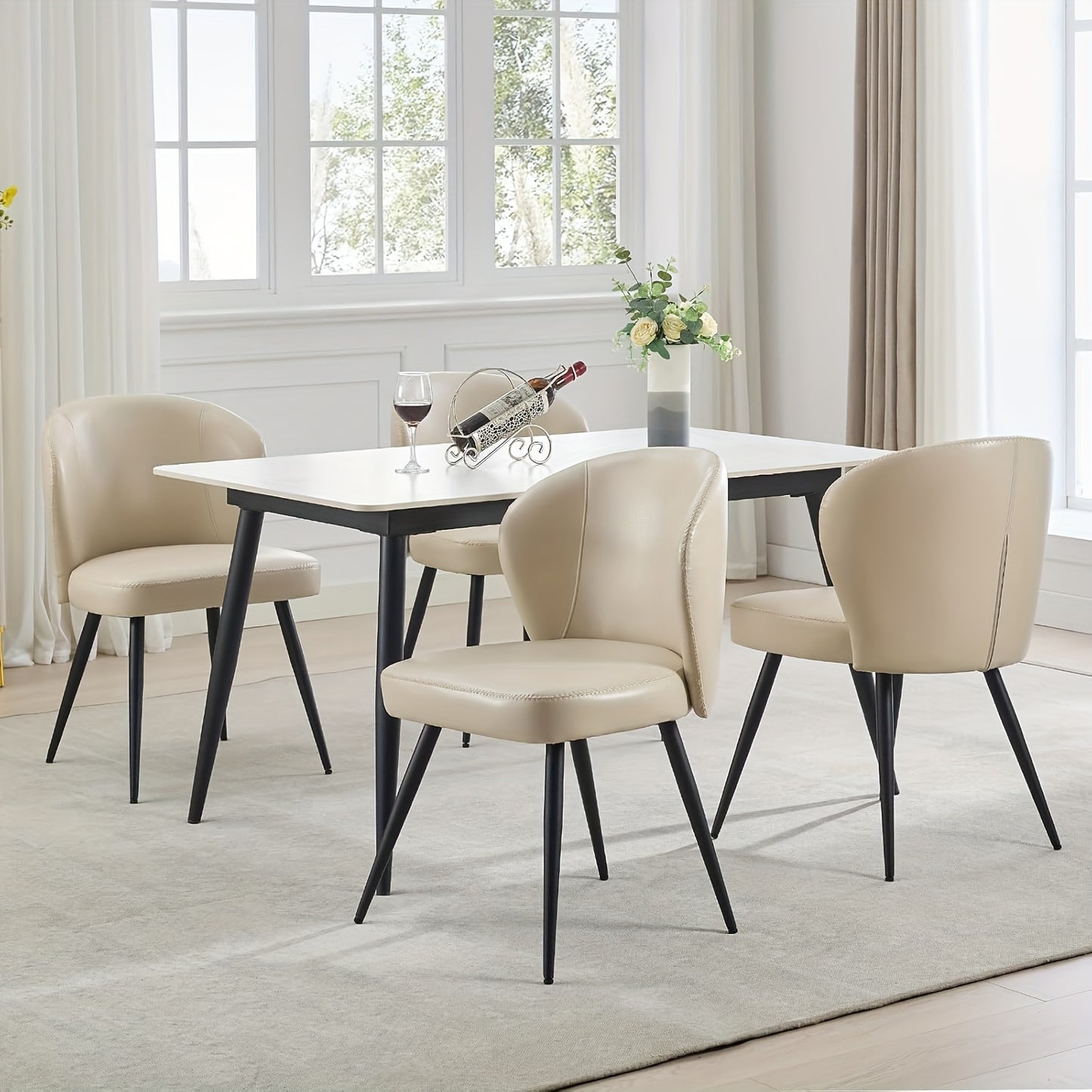 Eetkamerstoel – Stoel – Kuipstoel – Armstoel – Designstoel – Set van 2 – Beige – Synthetisch Leder – Ergonomisch Schuimzitvlak – Metaal Onderstel Met Hoge Draagkracht