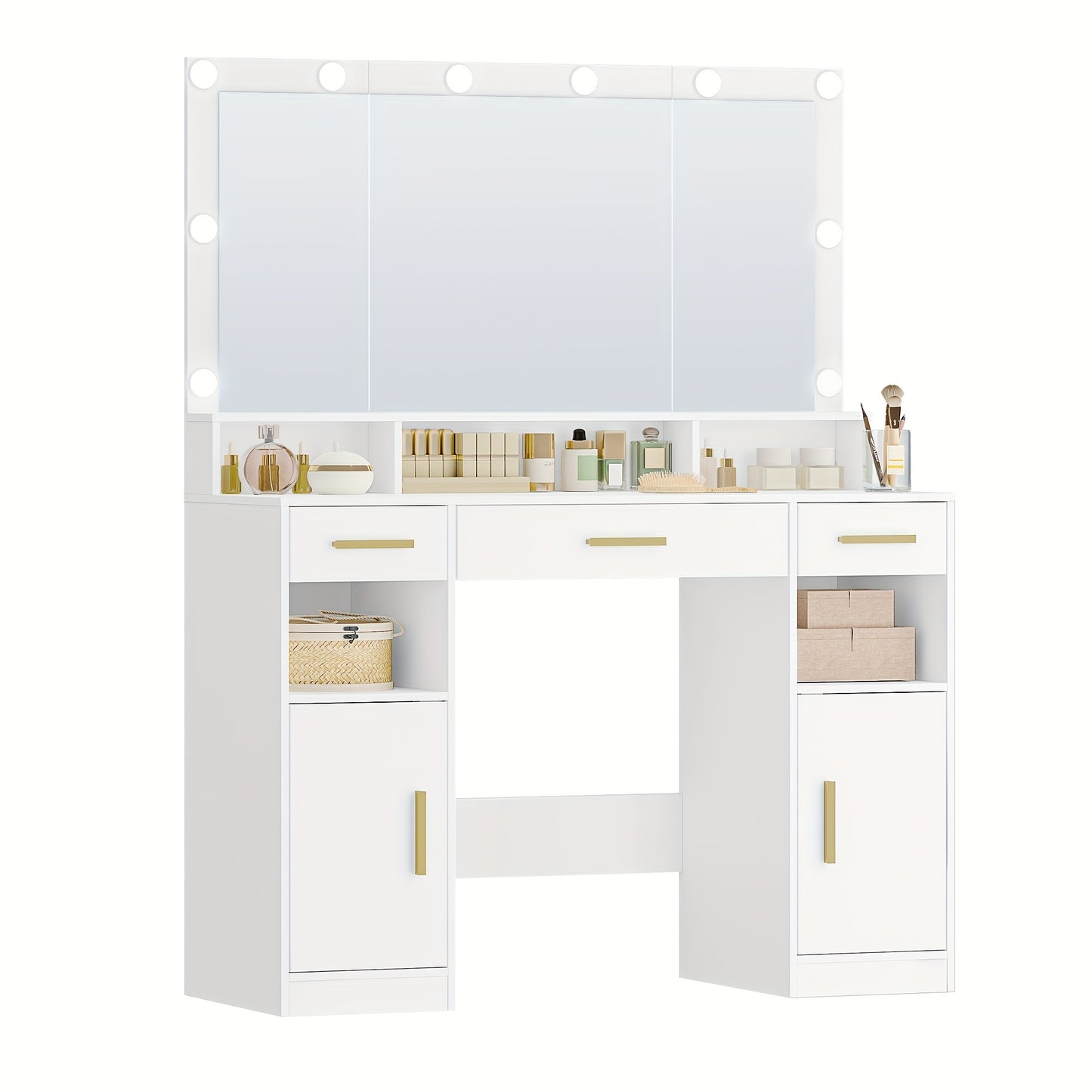 Make-up Tafel – Kaptafel – Schminktisch – Make-up Bureau – Make-up Organizer – Witte Kaptafel Met Grote Spiegel – Verstelbare LED Verlichting Met 3 Lichtkleuren – 3 Lades En 2 Kastjes – 40x108x140 cm