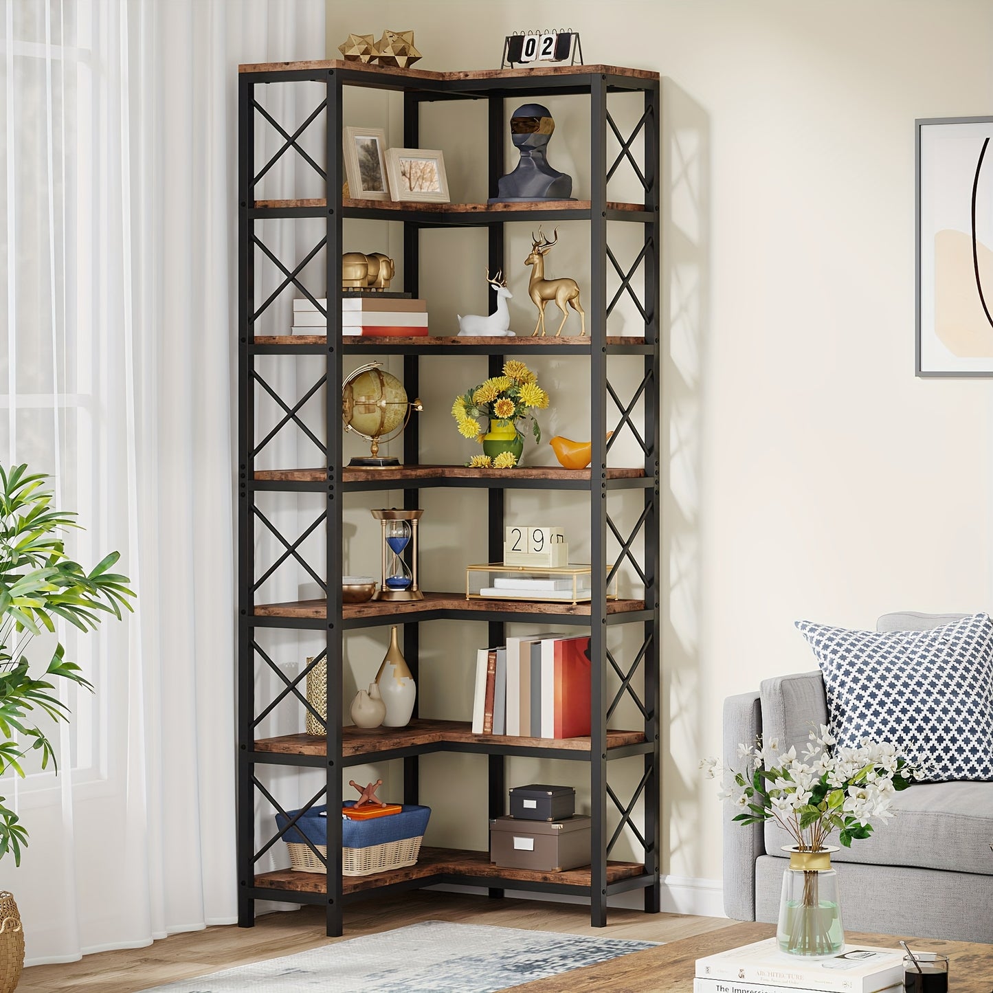 Boekenrek – Boekenkast – Hoekboekenplank – Opbergkast – Vakkenkast – 7-laags – Industrieel design – Metaal & Hout – 60x60x201 cm – 11,34 kg draagvermogen per plank