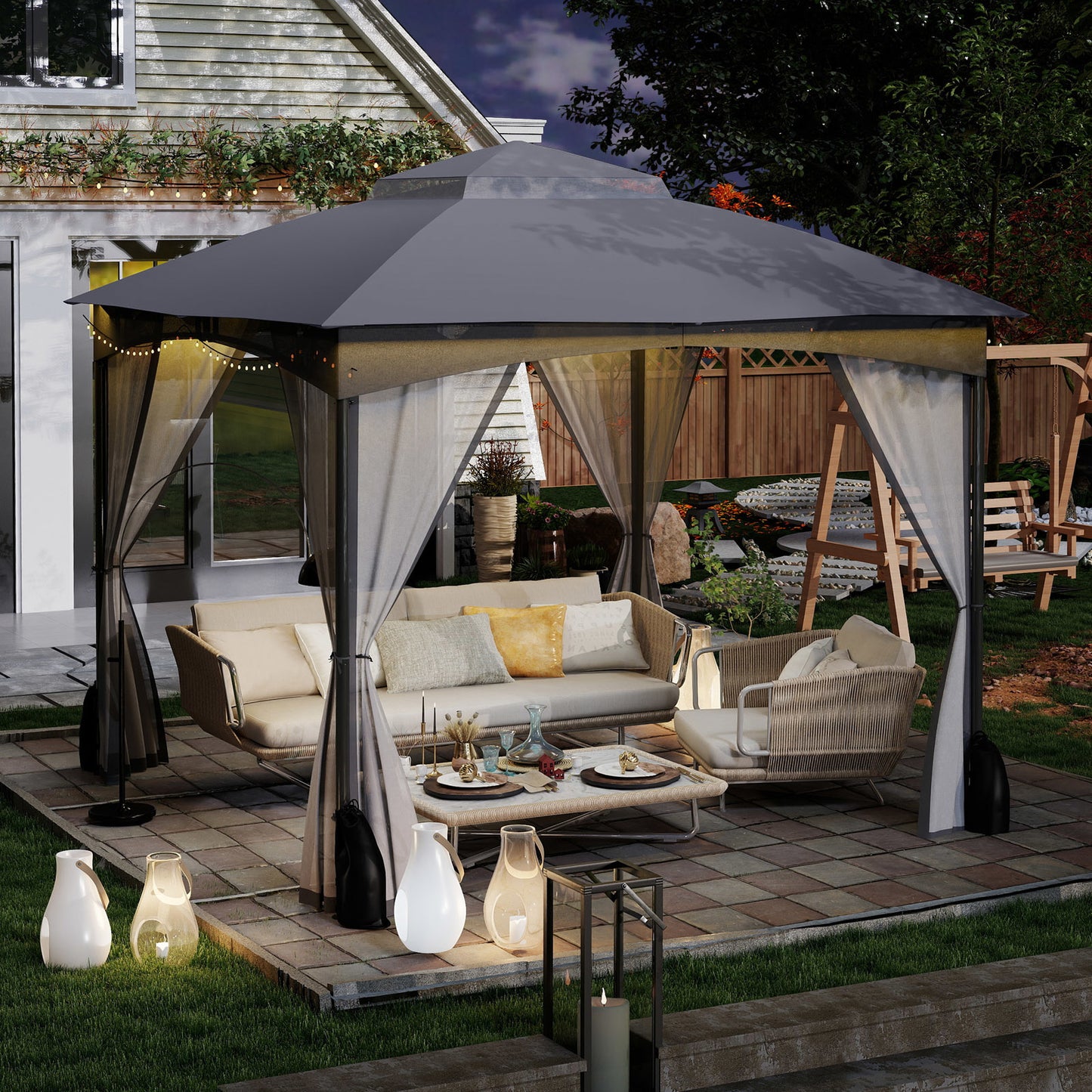 Tuinpaviljoen – Tuinkamer – Terrasoverkapping – Pergola – Buitenverblijf – Insectenwerend Muskietennet – Dubbel Polyester Dak – 305x305 cm Grijs