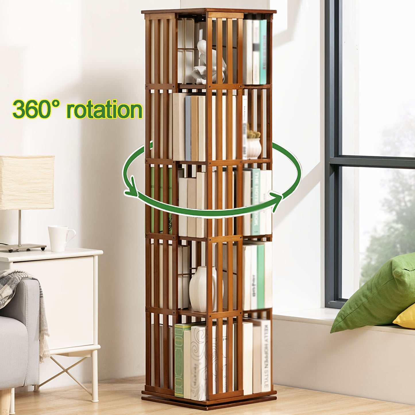 Draaibare Boekenplank – Boekenrek – Boekenhouder – Boekenkast – Opbergkast – 5 Lagen – 360° Draaibaar – Bamboe Materiaal - QUORE