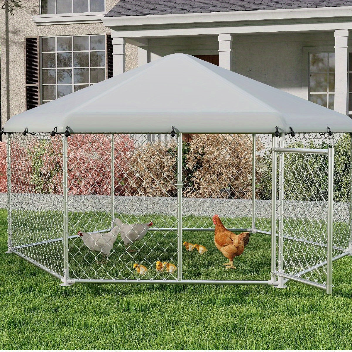 Hexagonal Metal Chicken Coop with Lockable Roof - 2 Sizes (8'x6'x5' & 13'x6'x5') Galvanized Steel Frame, 420D Oxford Cloth & Wire Mesh Ventilation - Easy Assembly Free-Range Enclosure for Poultry, Dogs, Small Animals - Urban