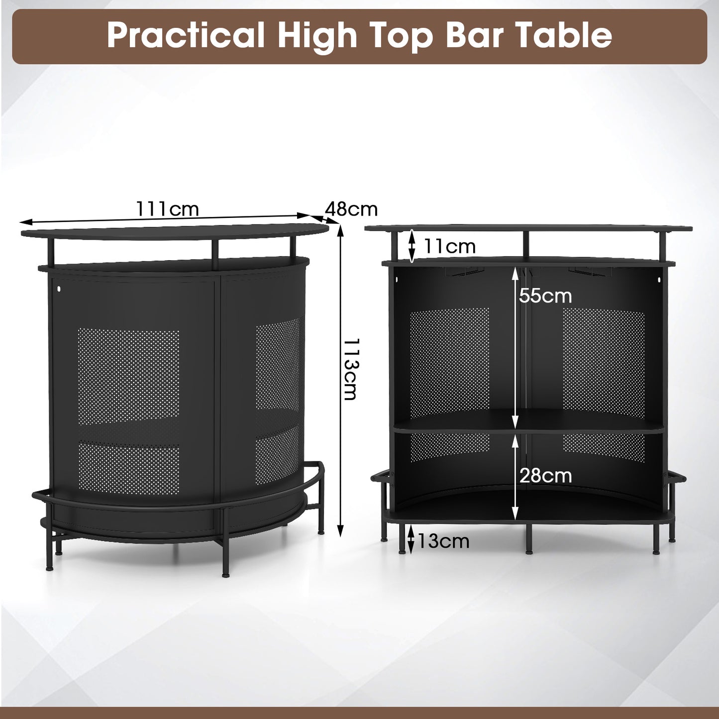 Bartafel – Barunit – Home Bar – Bar Meubel – Sta Bartafel – Met Opbergruimte En Glazenhouders – Met Metalen Frame En Voetensteun