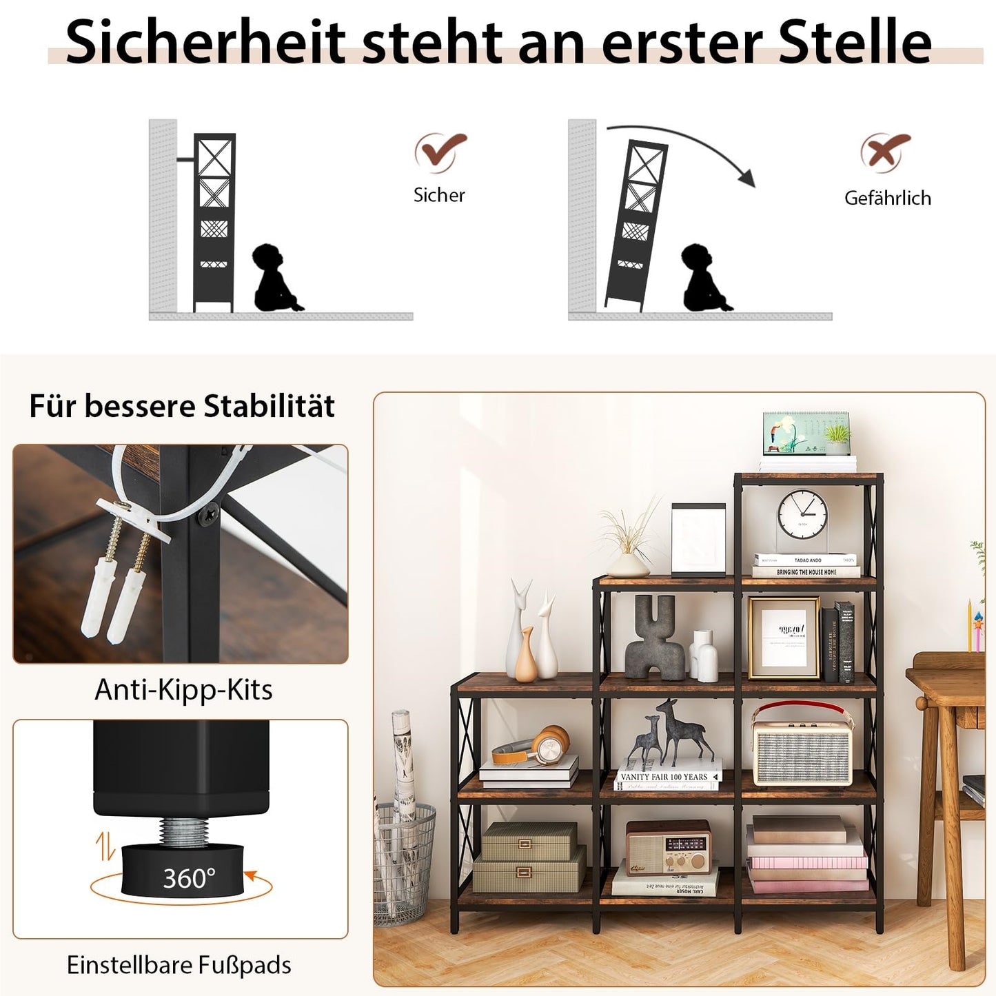 Boekenkast – Boekplank – Opbergkast – Vakkenkast – Staande Kast – Carbonstalen Frame – 12 Open Vakken – Industrieel Vintage Bruin – 115 x 30 x 130 cm
