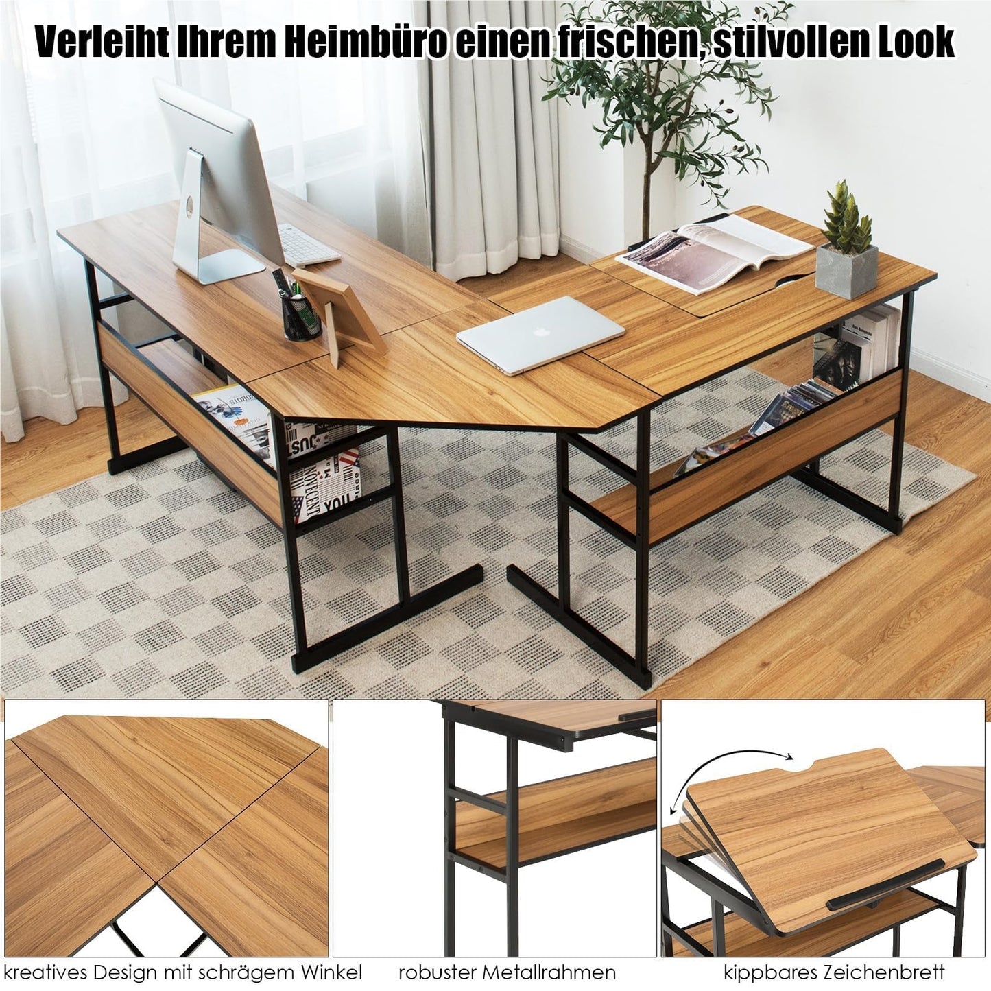 L-vormig Bureau – Hoekbureau – Werkplek – Computerbureau – Bureau Met Verstelbaar Blad – 170 x 150 x 75 cm – Walnoothout – 2 Planken & CPU-standaard