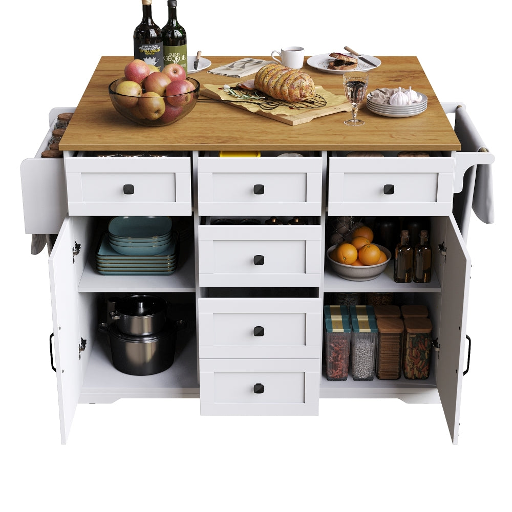 Modern Wit Keukeneiland – Mobiele Serveertafel – Keuken Trolley – Werkblad Met Opbergruimte – Opbergkast Met Laden – Verstelbare Planken – Ruim Werkblad – Mobiel En Compact