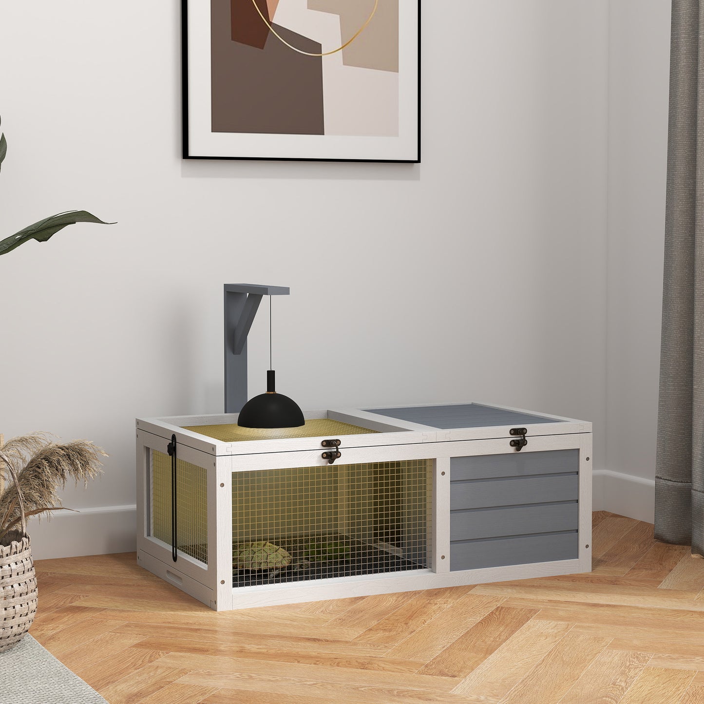 Buitenverblijf Schildpad – Buitenren Knaagdierhok – Kleine Dieren Kooi – Houten Ren Lichtgrijs – Ingebouwde Lamphouder – Eenvoudig Schoon Te Maken Met Uitschuifbare Trays