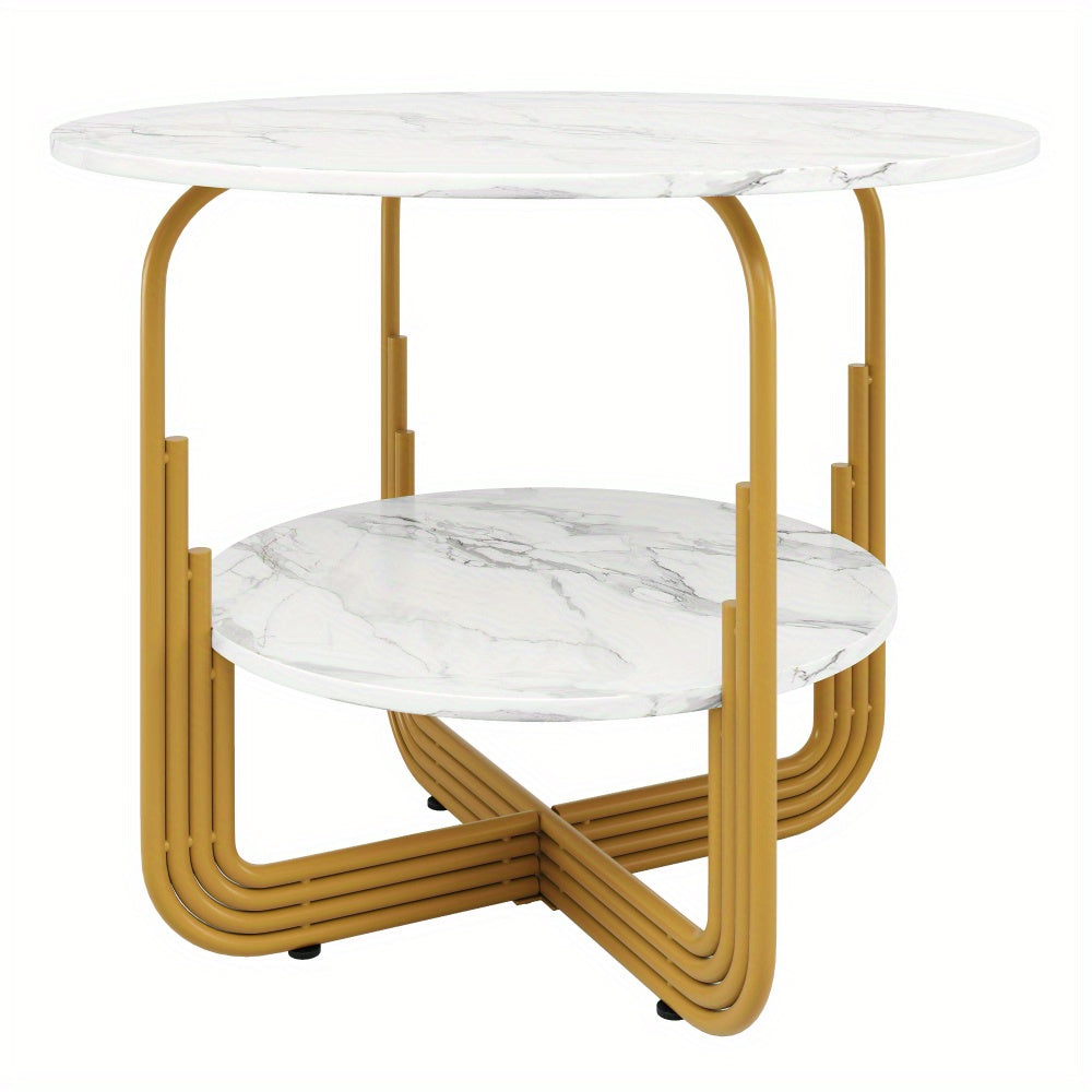 Eettafel – Ronde Tafel – Keukentafel – Woonkamertafel – Dinertafel – MDF Blad Marmerprint – Gouden Metalen Onderstel 80x80x76 cm