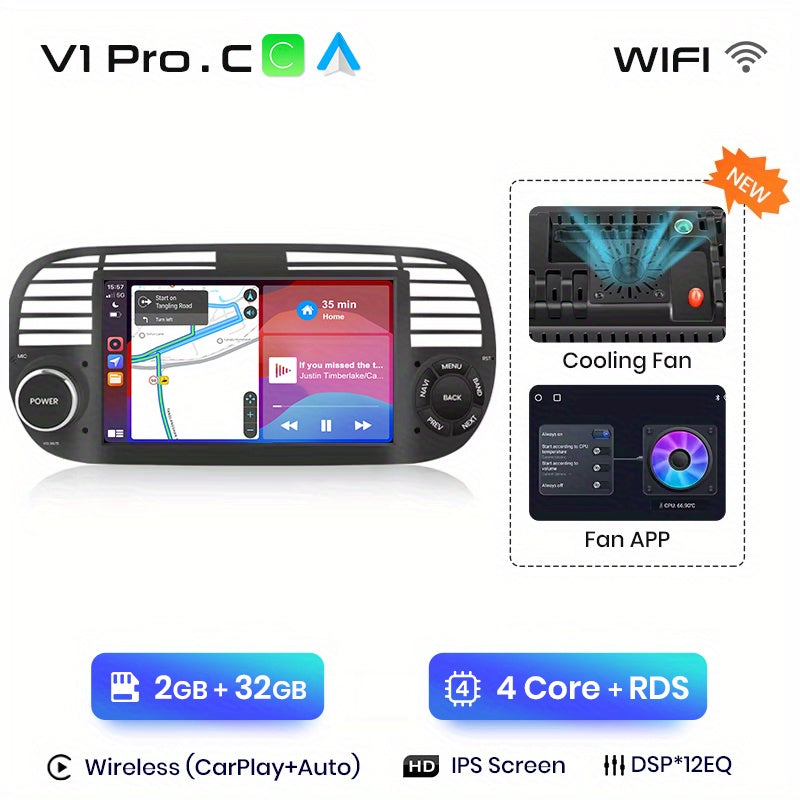 Multimedia Systeem FIAT 500 – Autoradio – Carplayer – Navigatiesysteem – 2 DIN Scherm – WiFi Variant – 7 Inch IPS Display – Geavanceerde DSP Geluidskwaliteit