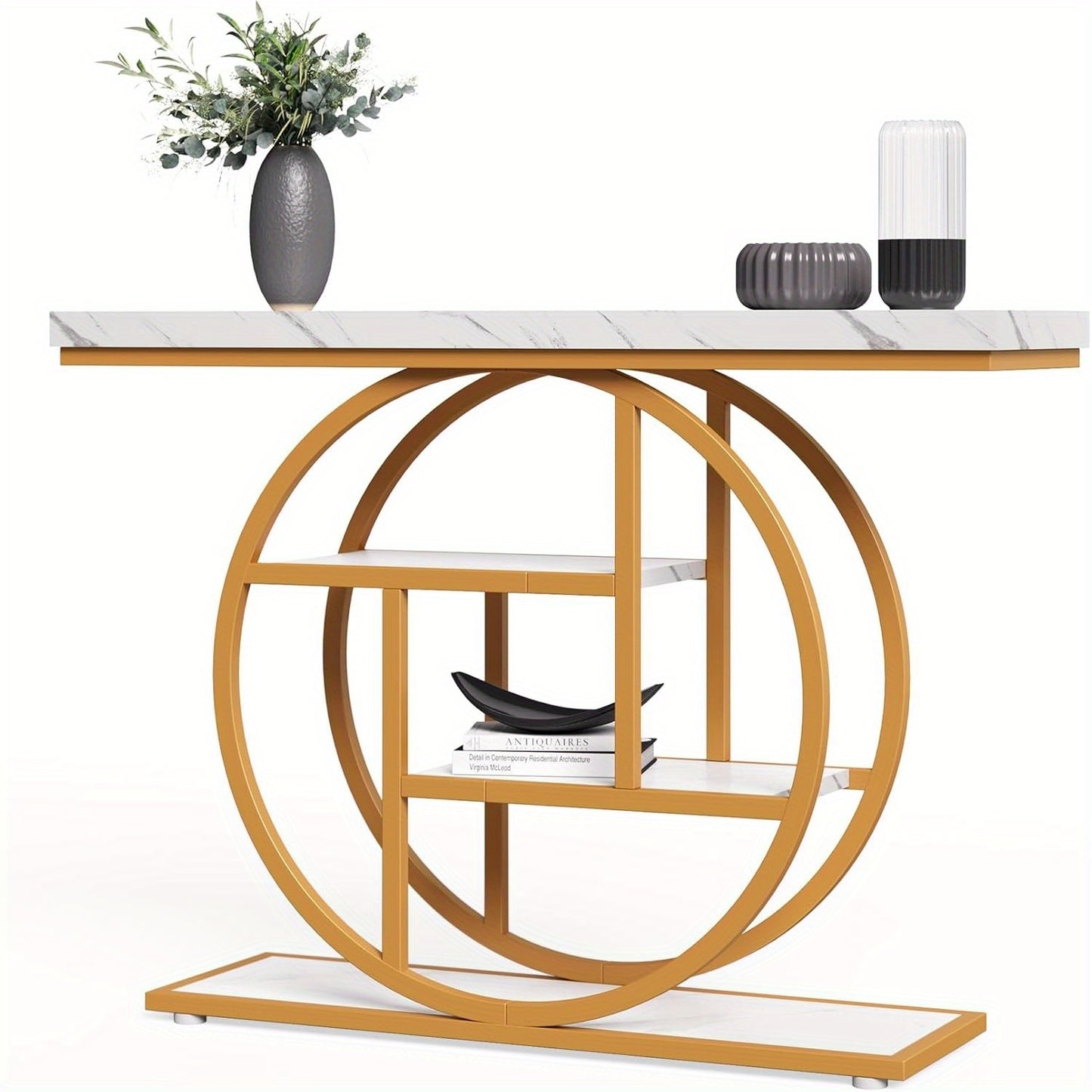 Moderne Sidetable – Console Tafel – Halmeubel – Sofa Tafel – Opbergmeubel – Wit en Gouden Afwerking – 4 Lagen – Stevige Houten Constructie