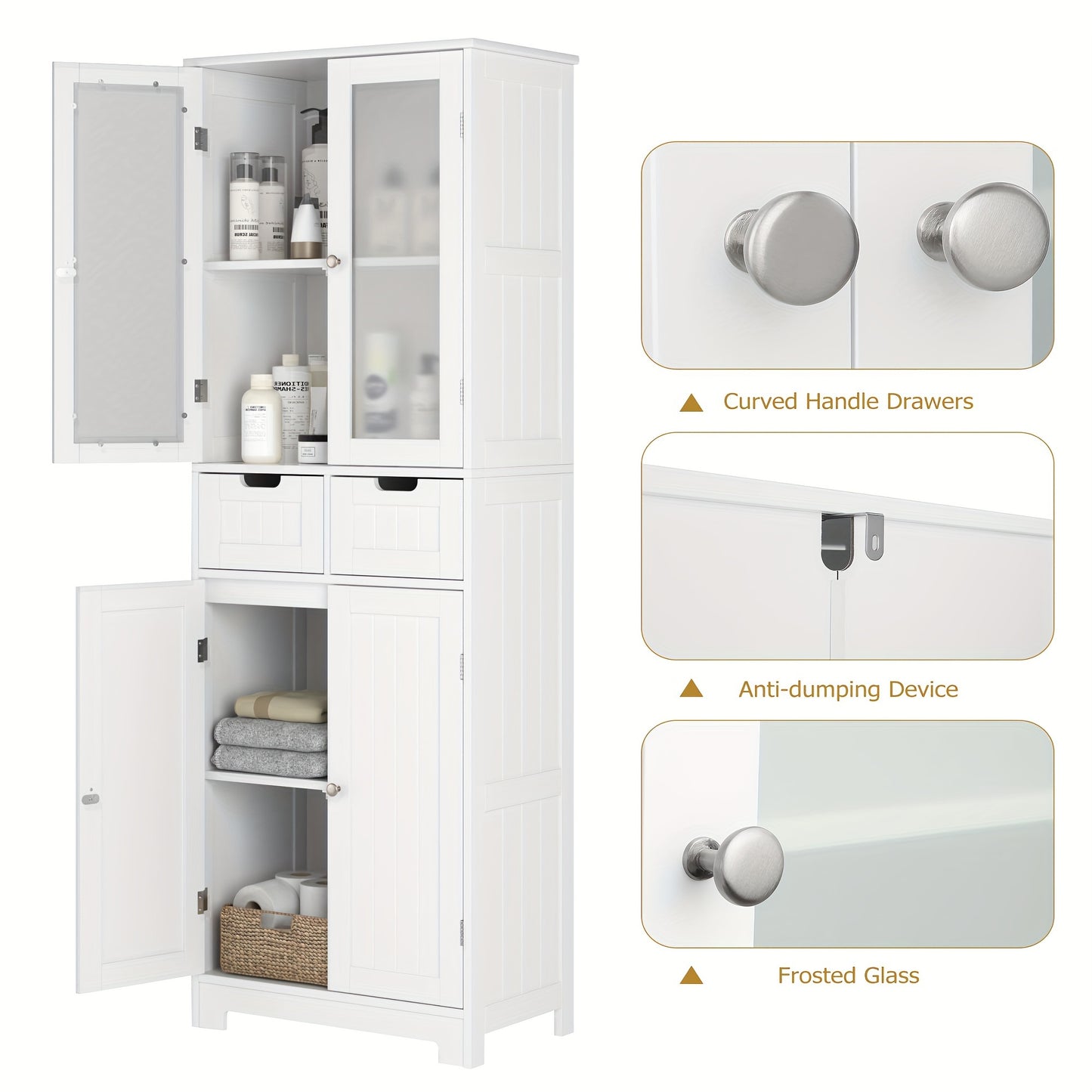 Kealive Modern Tall White Storage Cabinet with 4 Doors & 2 Drawers (Removable) - -Standing MDF/Fiberboard Bookcase Suitable, Bathroom, Living Room - Easy Assembly, Space-Saving Vertical Design