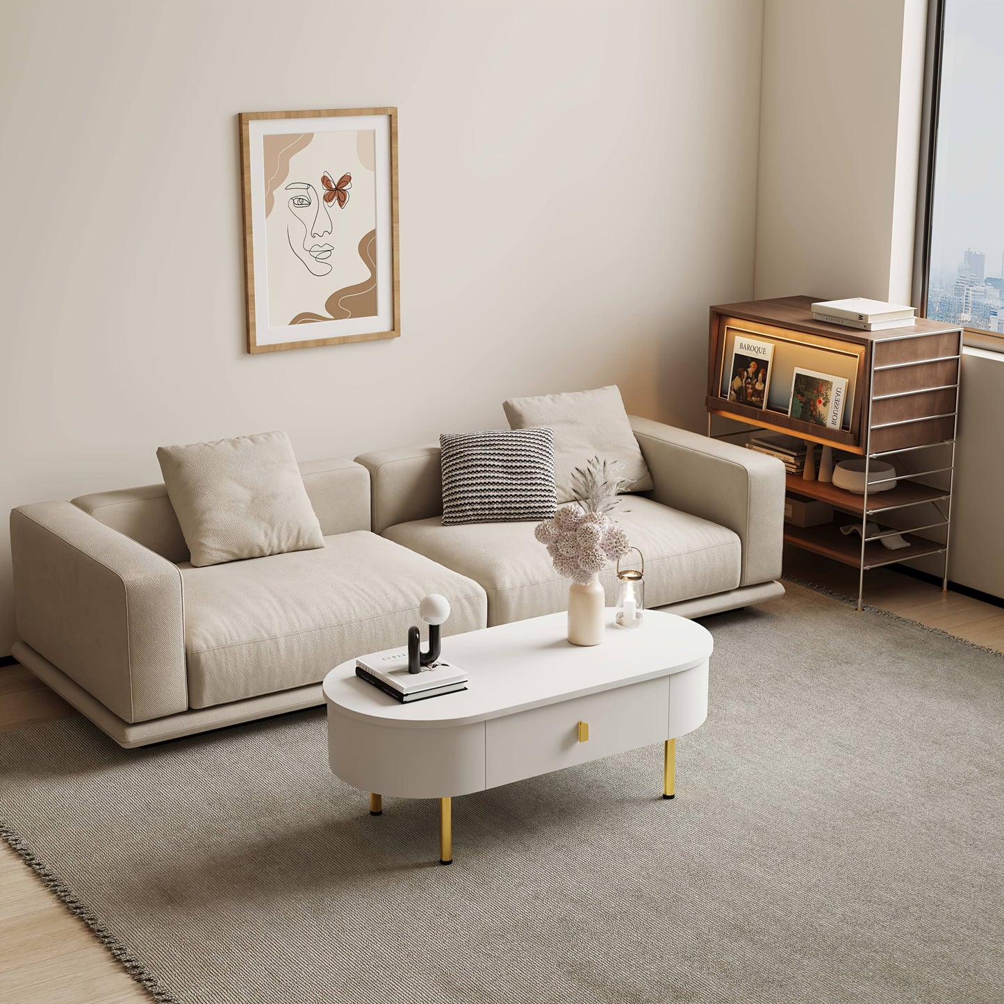 Salontafel – Woonkamertafel – Koffietafel – Bijzettafel – Tafel – Metaal – Wit – Met 2 Laden – Gouden Details