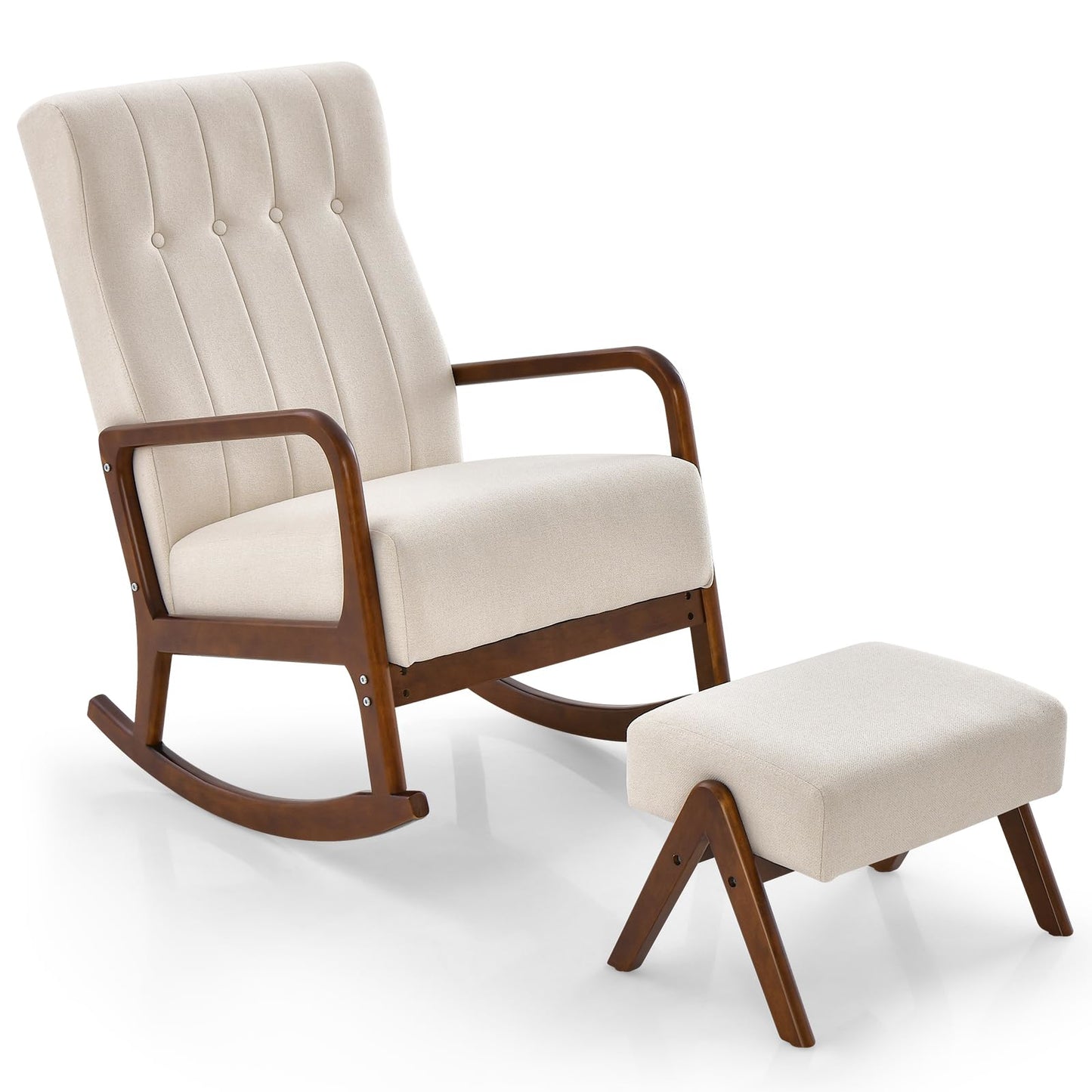 Wiegstoel – Schommelstoel – Rocker Stoel – Relaxstoel – Fauteuil – Stoffen Bekleding – Stevig Rubberhout Frame – Ottomane Met Voetensteun – Mid Century Modern – Beige