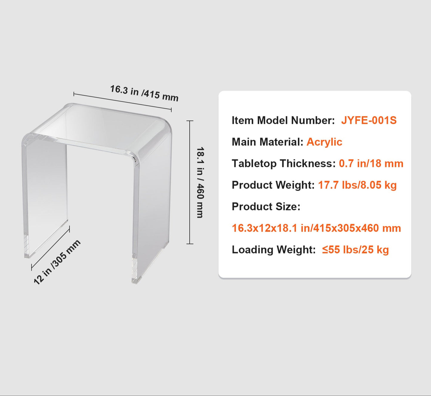 Acryl Salontafel – Bijzettafel – Tafeltje – U-vormige Tafel – Transparant – 41,5x30,5x46 cm – 18 mm Dik Acryl Met Afgeronde Randen