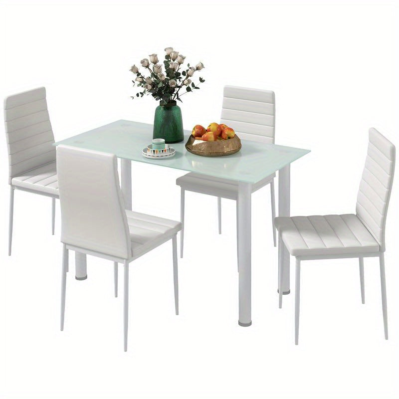 5-tlg. Essgruppe Sitzgruppe Esstisch with 4 Chairs, Modern Design, Glass Top, Modern Kitchen Furniture, Quick Assembly, Space-Saving, Country Style Dining Table