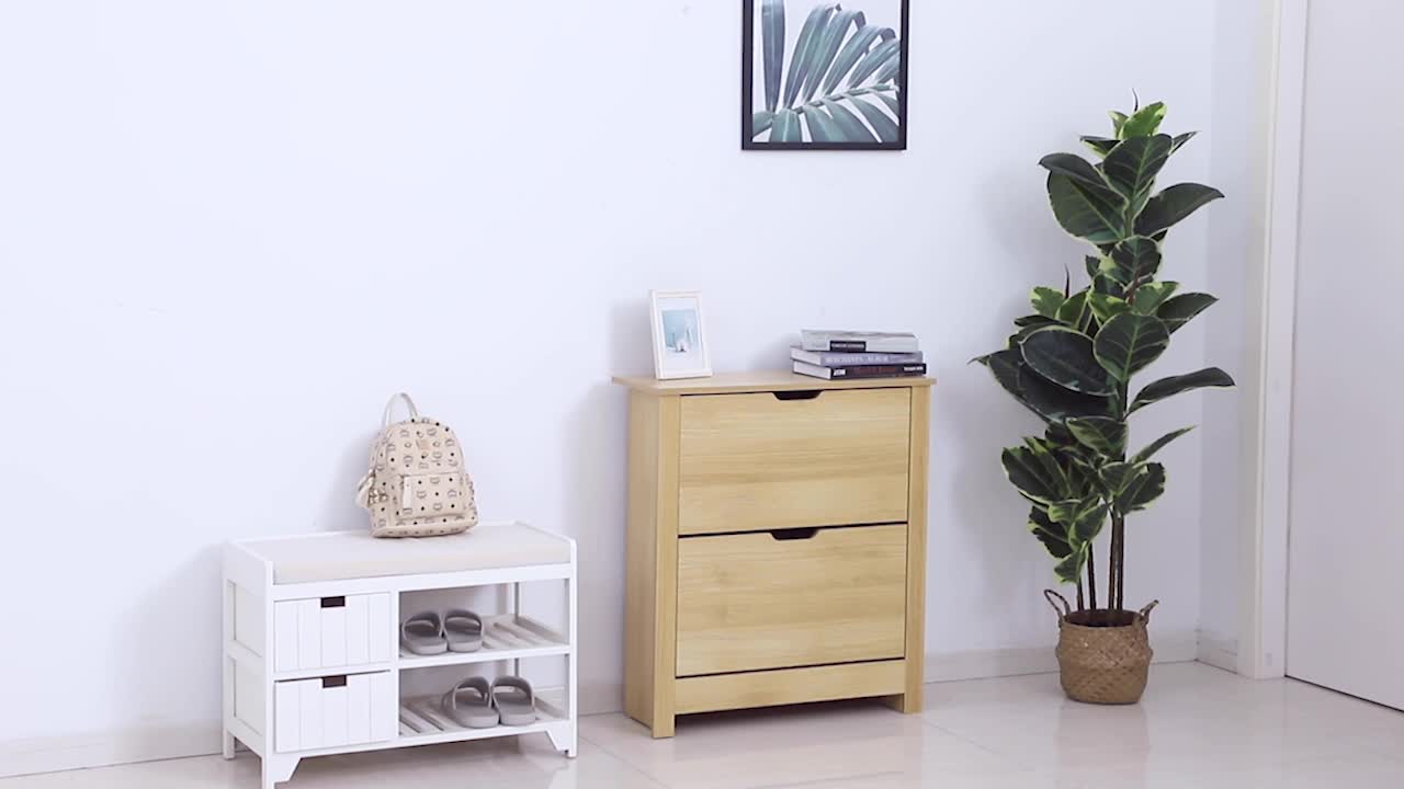 HOMCOM Shoe Cabinet with 2 Folding Doors and 2 Compartments, Natural Wood Particle Panels