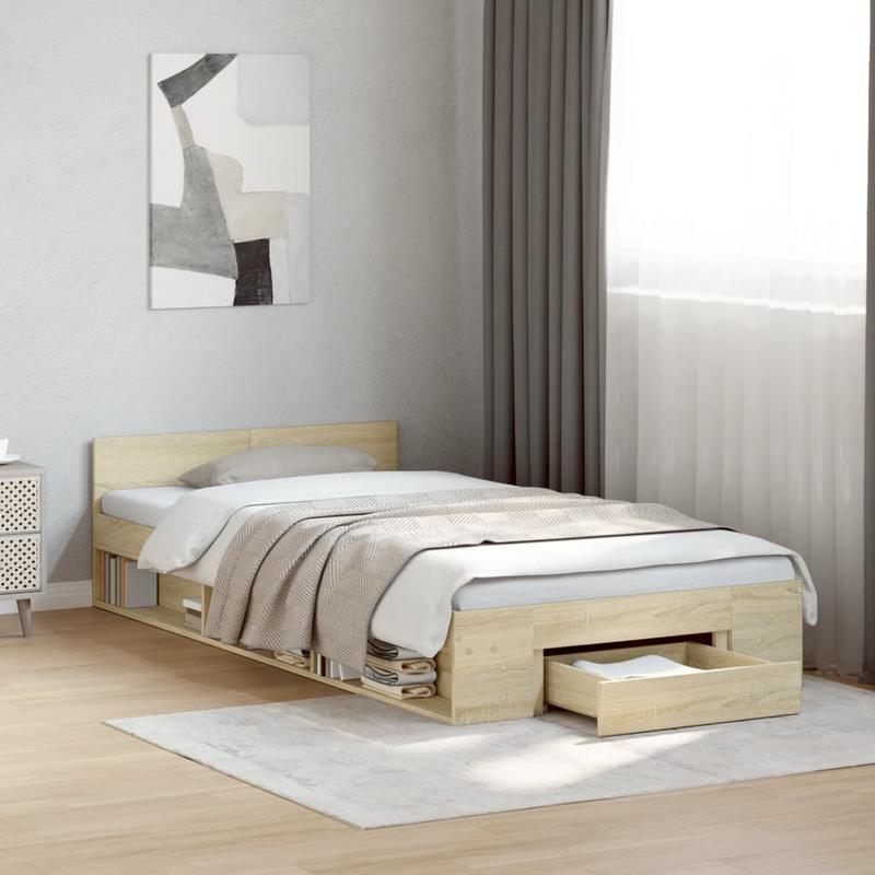 Bed – Bedframe – Platformbed – Eenpersoonsbed – Opbergbed – Ingebouwde Opberglades – Ruimtebesparend Design – Sonoma Eiken Afwerking – Geschikt Voor Matras 90x190 cm