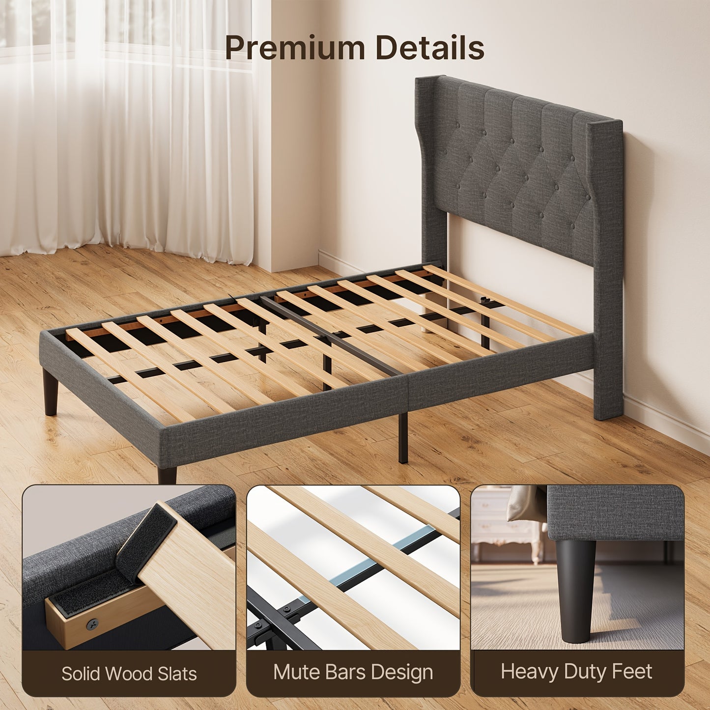 Bedframe – Bedombouw – Ledikant – Slaapbank – Bedbasis – Beige Kleur – Stevige Hardhout Metalen Constructie – 20 cm Opbergruimte Onder Bed