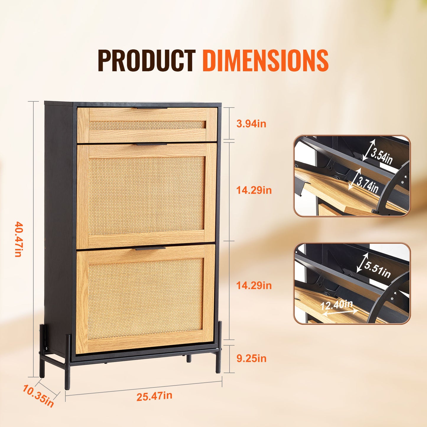 Schoenenkast – Schoenenrek – Schoenenopberger – Schoenentoren – Schoenenkastje – Zwart Rotan – 2 Klaplades & 1 Schuiflade – Compact & Ruimtebesparend
