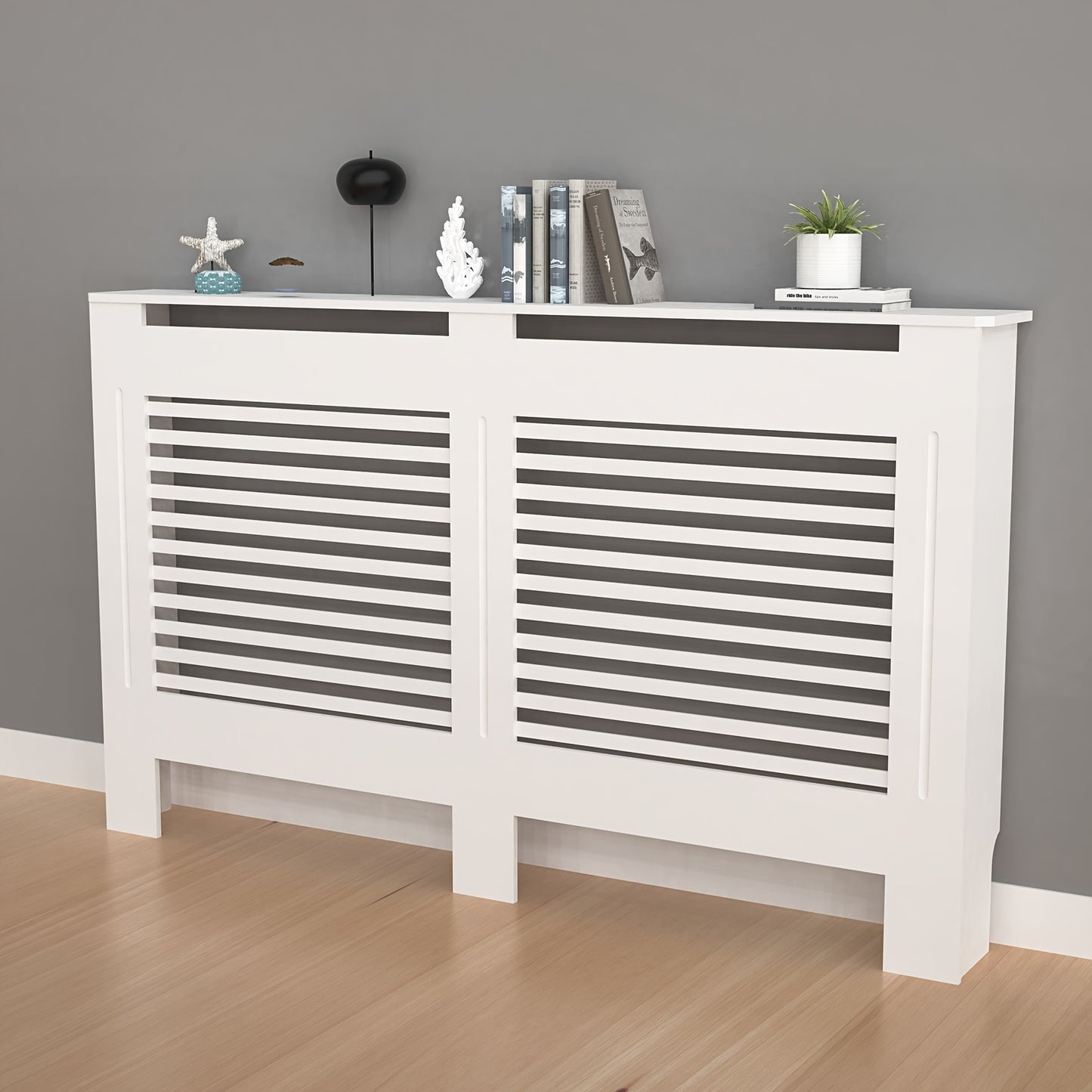 Radiatorombouw – Radiatorkast – Verwarmingsdeksel – Radiatorbekleding – Radiatorafdekking – Wit Houten Design – 100 cm Hoog – 3,2 Cu Ft Opbergruimte – Ventilerend Lamellenpatroon