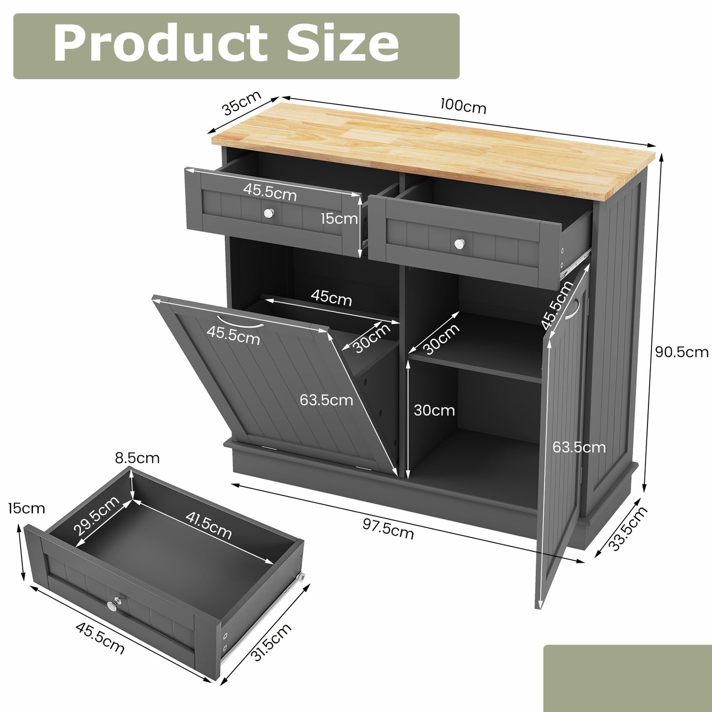 Tilt-Out Afvalkast Keuken – Afvalbak Kast – Prullenbak Kast – Uitklapbare Afvalbak – Afvalcontainer Kast – Rubberhouten Blad – 11 Gallon Inhoud – 2 Lades Met Verstelbare Plank