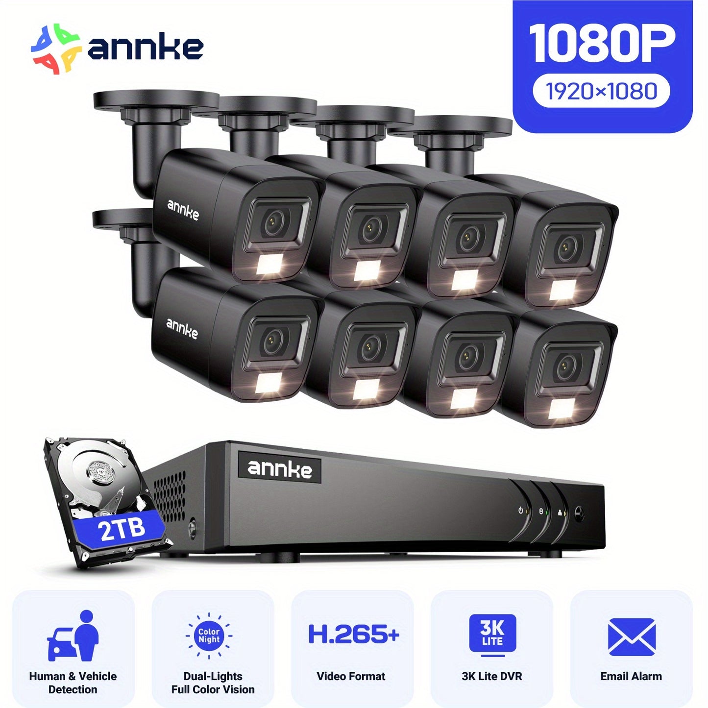 bewakingscamera set – beveiligingscamera systeem – CCTV camera kit – camerabewaking – surveillance set – 8x 1080p camera’s met nachtzicht tot 20 meter – 16-kanaals DVR recorder met 2TB HDD en AI mens-/voertuigdetectie