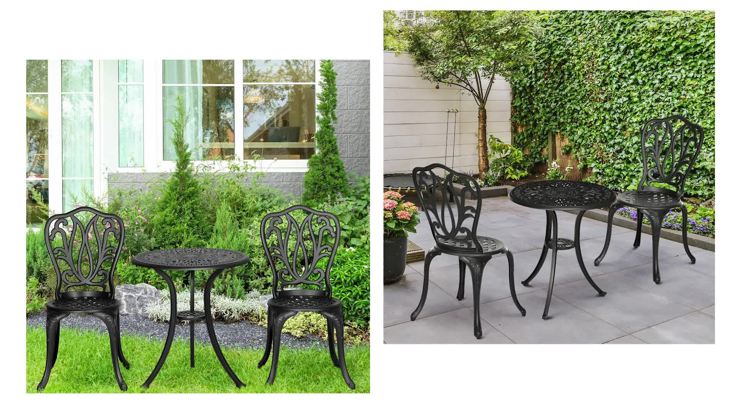 Loungeset – Tuinset – Balkonset – Bistroset – 2-Persoons – Gietaluminium – Parasolhouder – Zwart